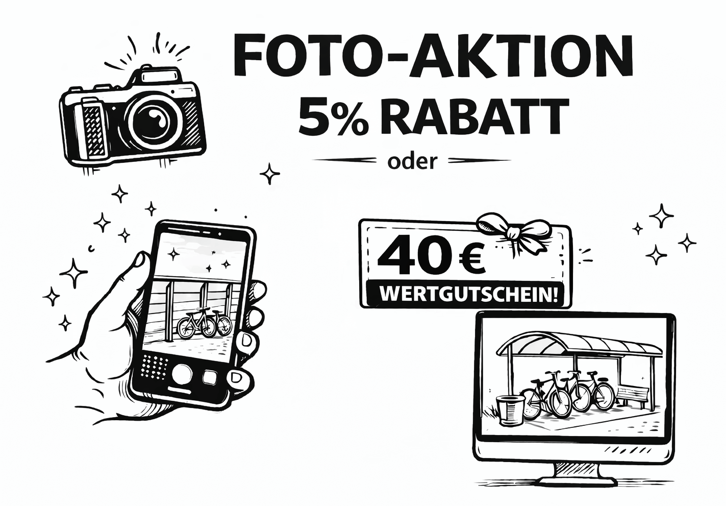 Illustration zur Foto-Aktion im Metallbau: 5% Rabatt oder 40€ Wertgutschein, Kamera, Handy mit Fahrradunterstand.