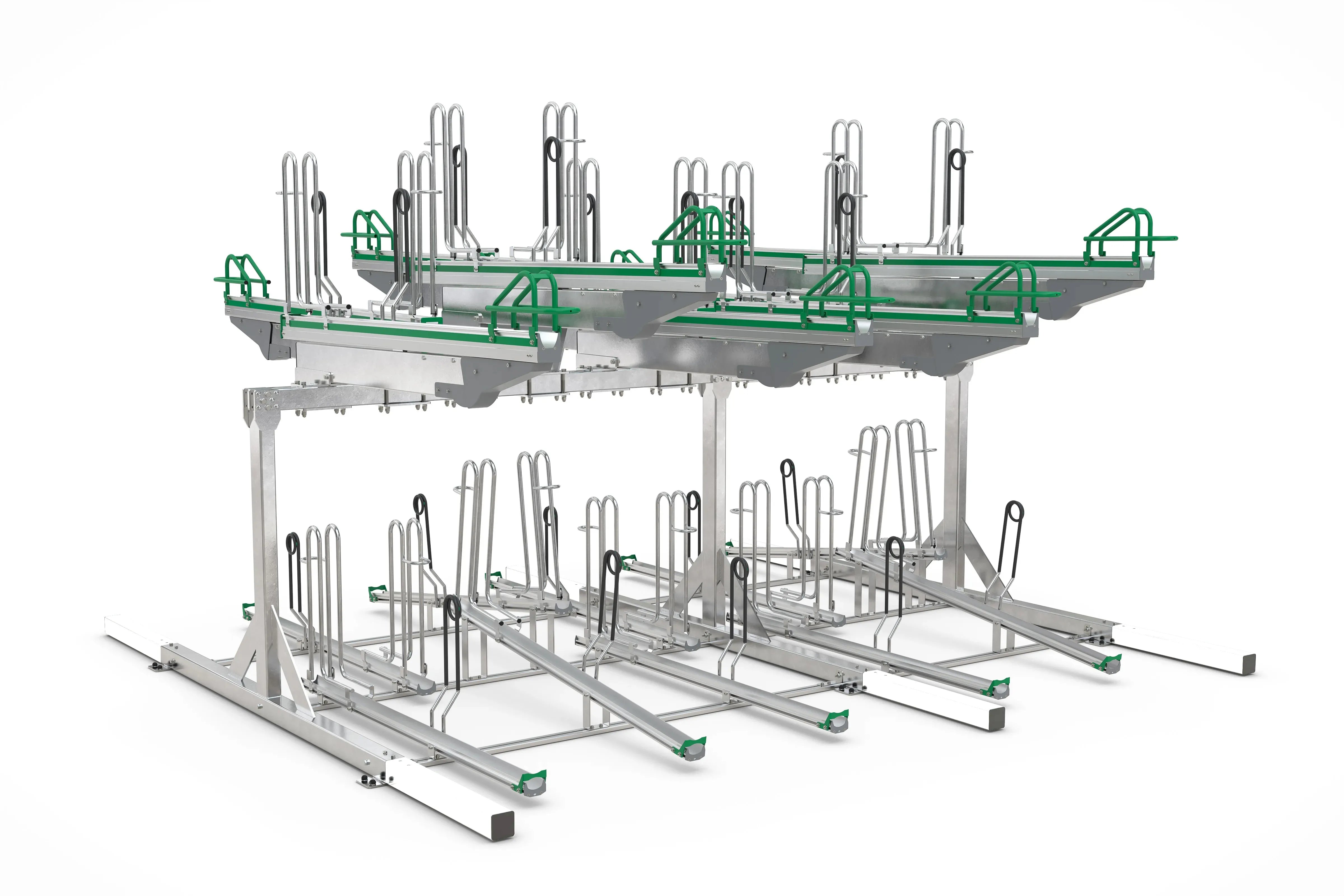 Doppelstöckiges Fahrradparksystem aus Metall, Platz für mehrere Fahrräder, grüne Halterungen.