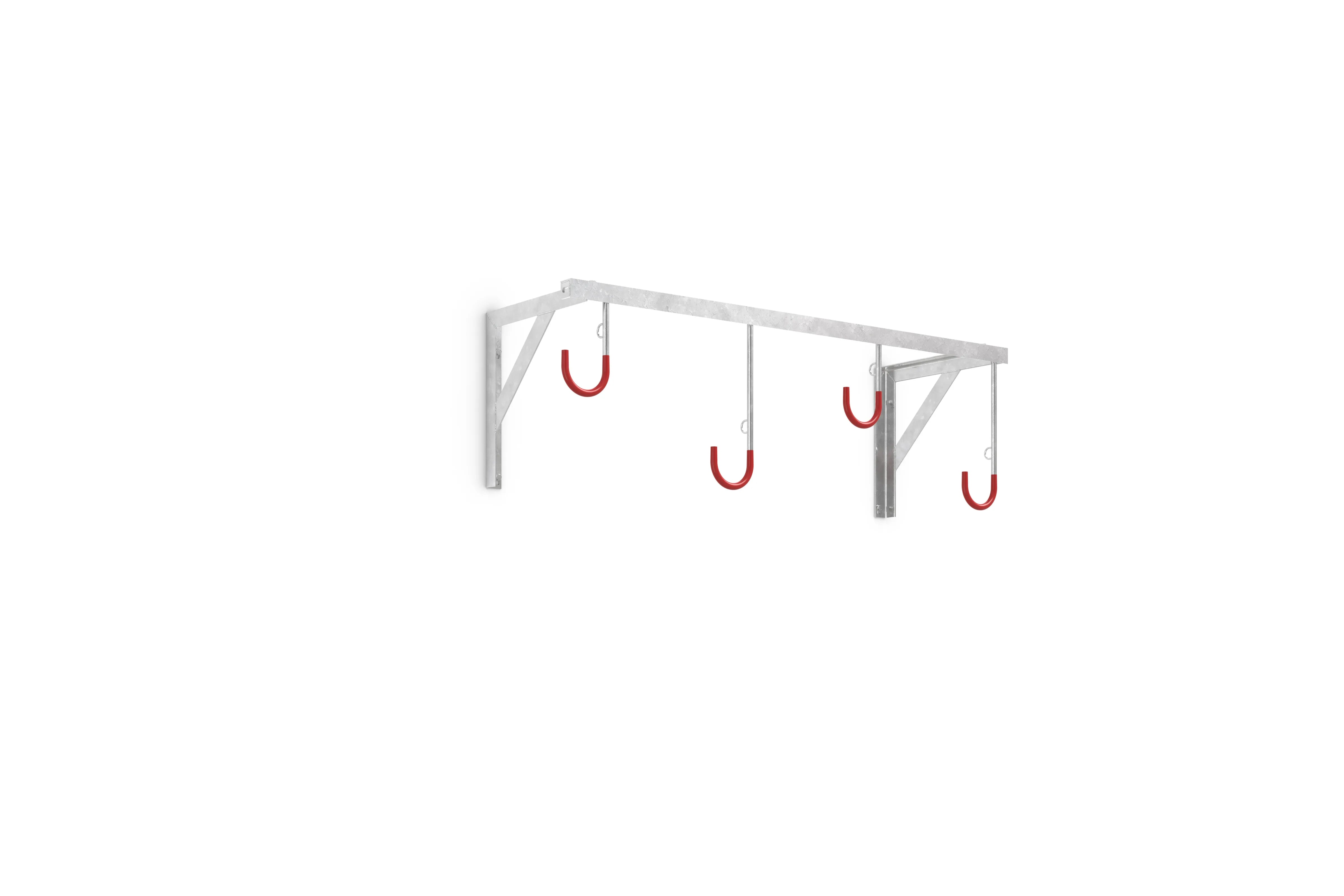 Metall Fahrradhalter zur Wandmontage mit vier roten Haken, ideal für Fahrradparksysteme