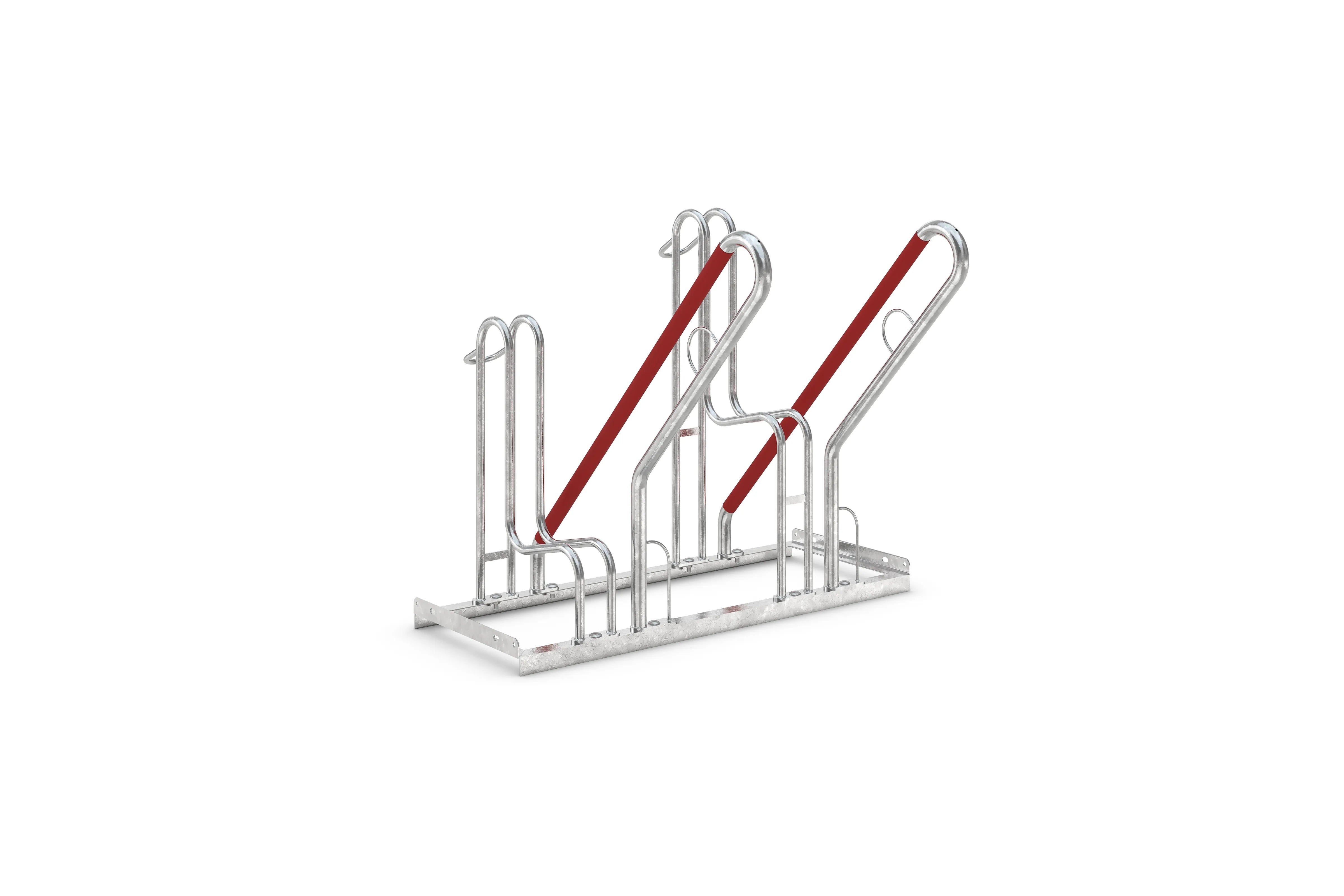 Fahrradständer aus verzinktem Metall mit roten Haltebügeln, Reihenparker für mehrere Fahrräder