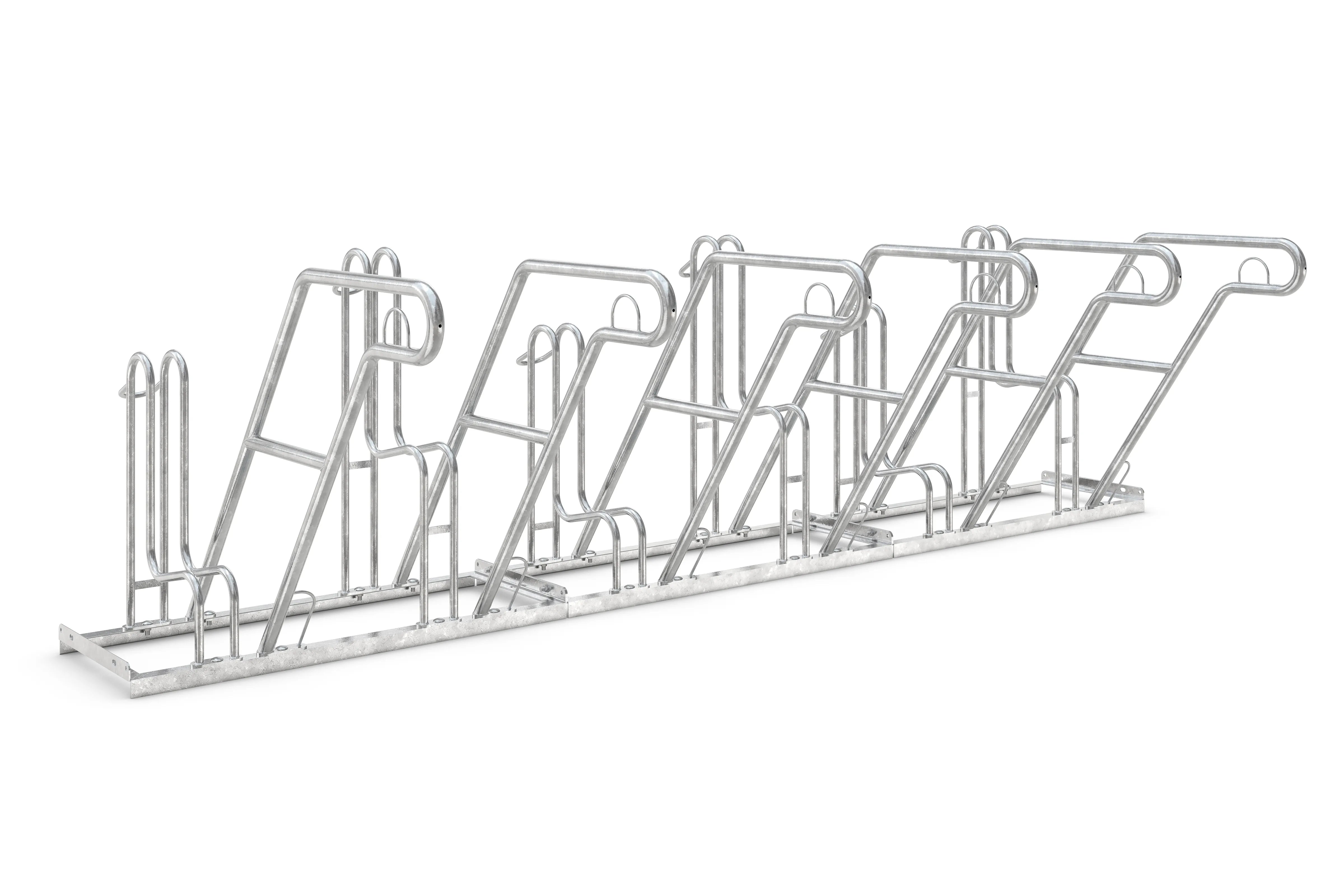Fahrradständer aus verzinktem Metall für 5 Fahrräder, Reihenanlage auf weißem Hintergrund