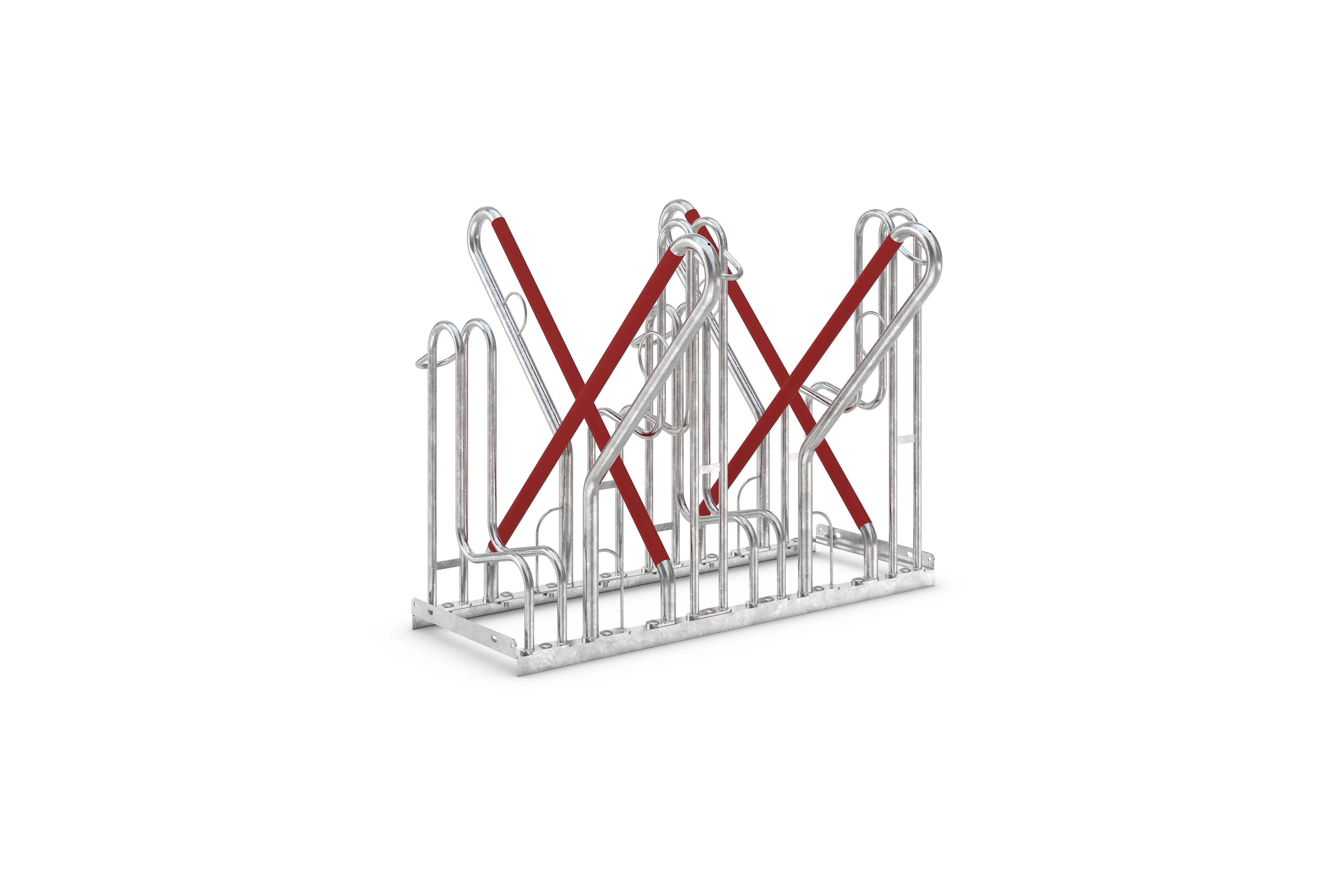 Fahrradständer aus Metall, verzinkt, mit roten Querstreben, für mehrere Fahrräder