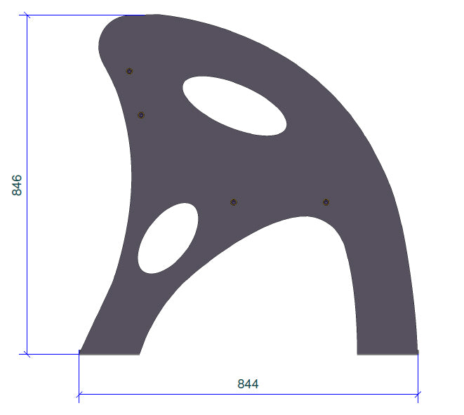 Metallplatte mit modernem Design, ovalen Ausschnitten und Maßen 846 x 844 mm