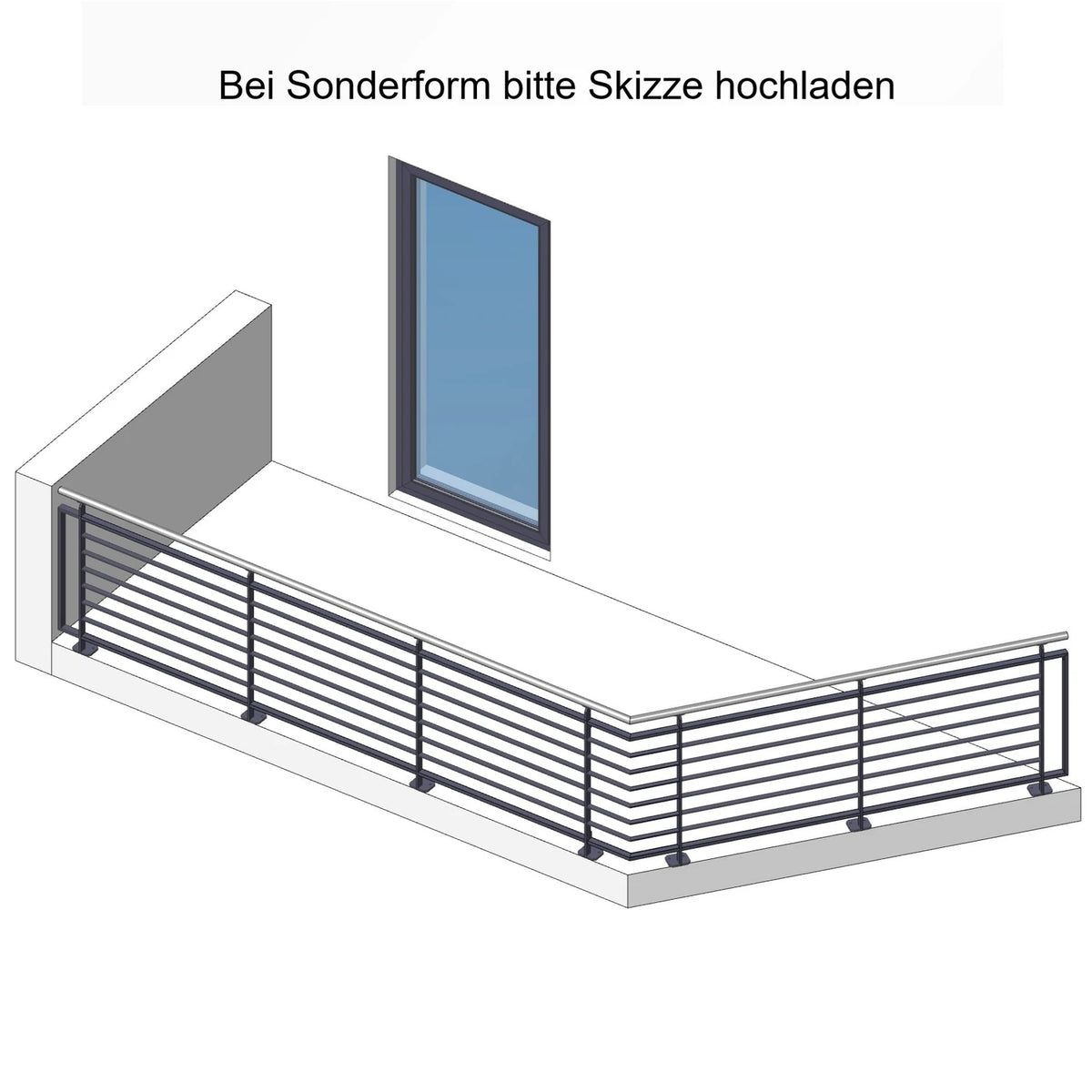 Geländer Modell Lines, Sonderform, aufgesetzt, mit Handlauf – Maßskizze Gesamtlänge