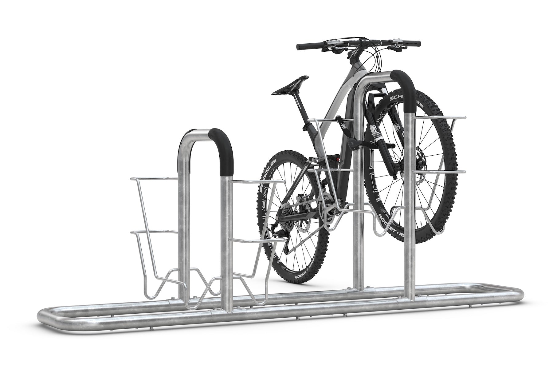 Fahrradparksystem aus Metall für mehrere Fahrräder, ein Fahrrad ist eingestellt