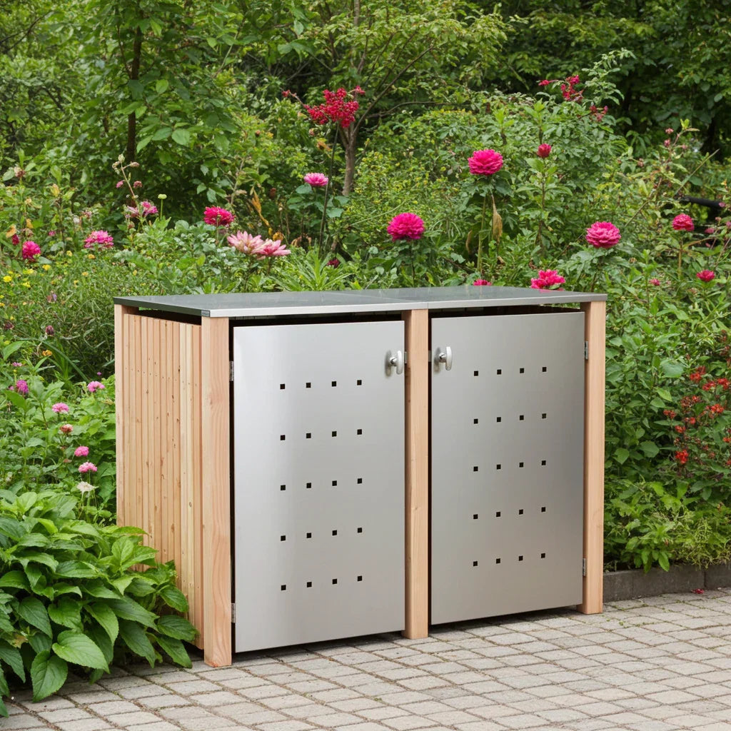 Doppelter Mülltonnenbox aus Metall und Holz im Garten, modern, wetterfest, vor Blumenbeet