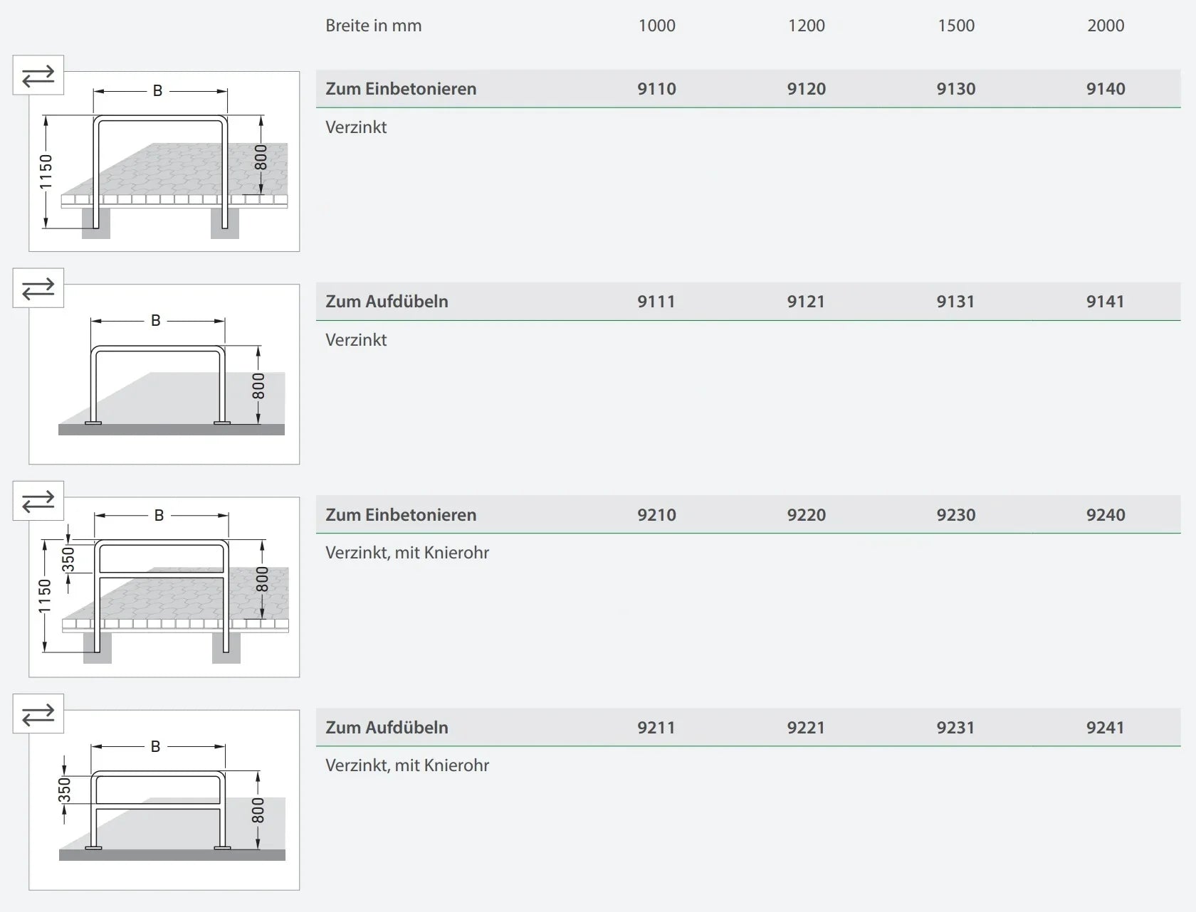 Übersicht verschiedener verzinkter Fahrradanlehnbügel Modelle mit Maßen und Befestigungsarten.
