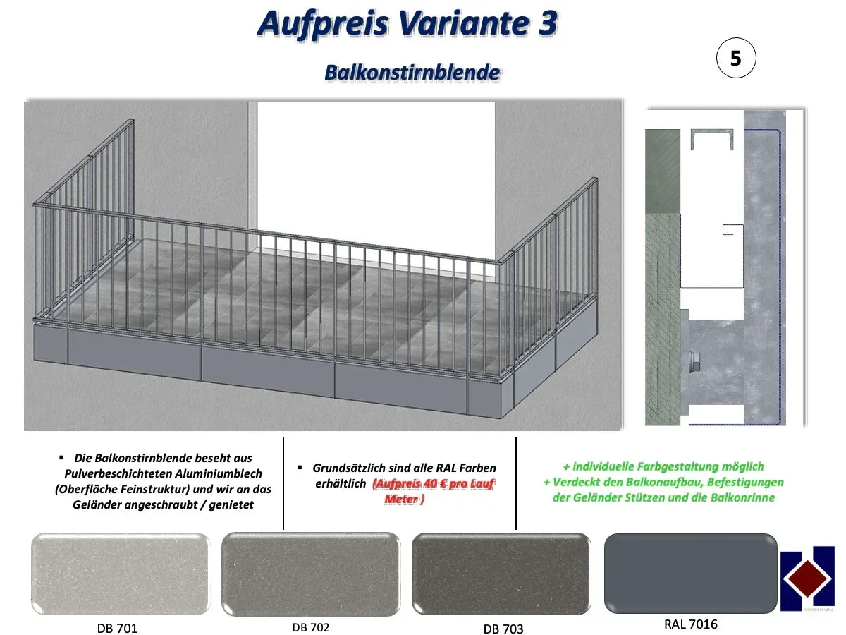Balkon mit pulverbeschichteter Aluminium-Stirnblende, Geländer, Farboptionen DB701, DB702, DB703, RAL7016, verdeckte Befestigungen.