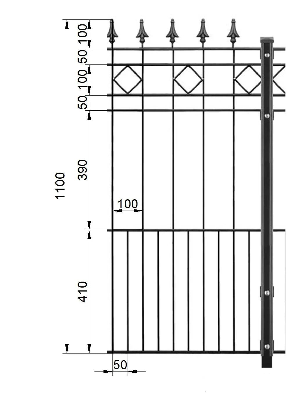 Metallzaun Rimini, dekorativ mit Spitzen und Rauten, technische Zeichnung mit Maßen
