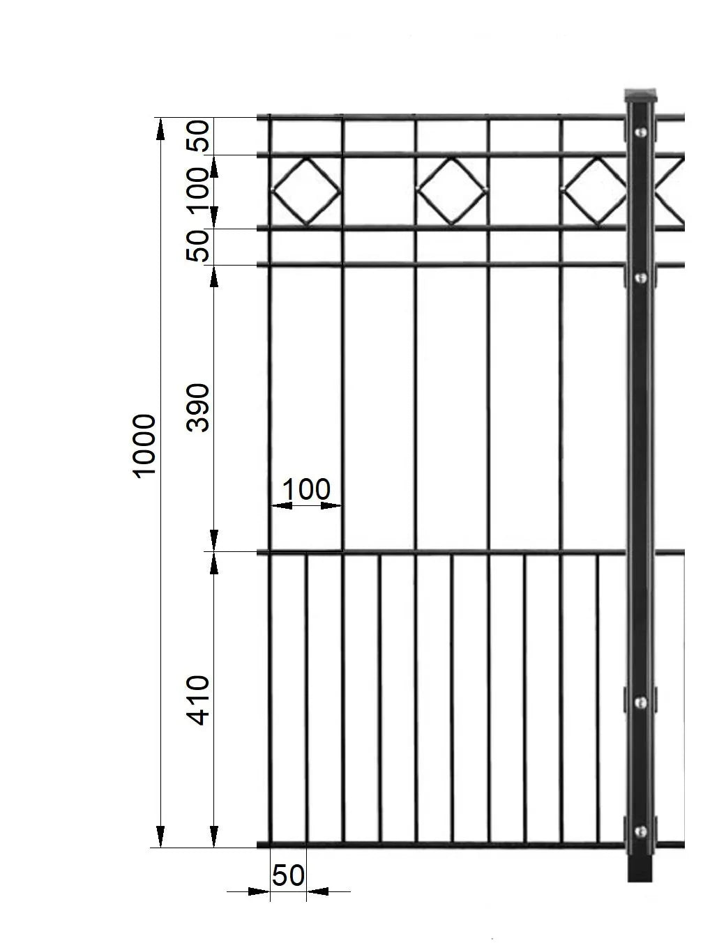 Metallzaun Turin mit Maßangaben, vertikale Streben und Rautenmuster, Höhe 1000 mm