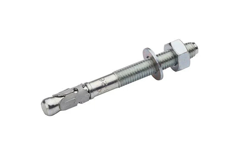 Verzinkter Bolzenanker Metall mit Mutter und Unterlegscheibe, Nahaufnahme auf weißem Hintergrund