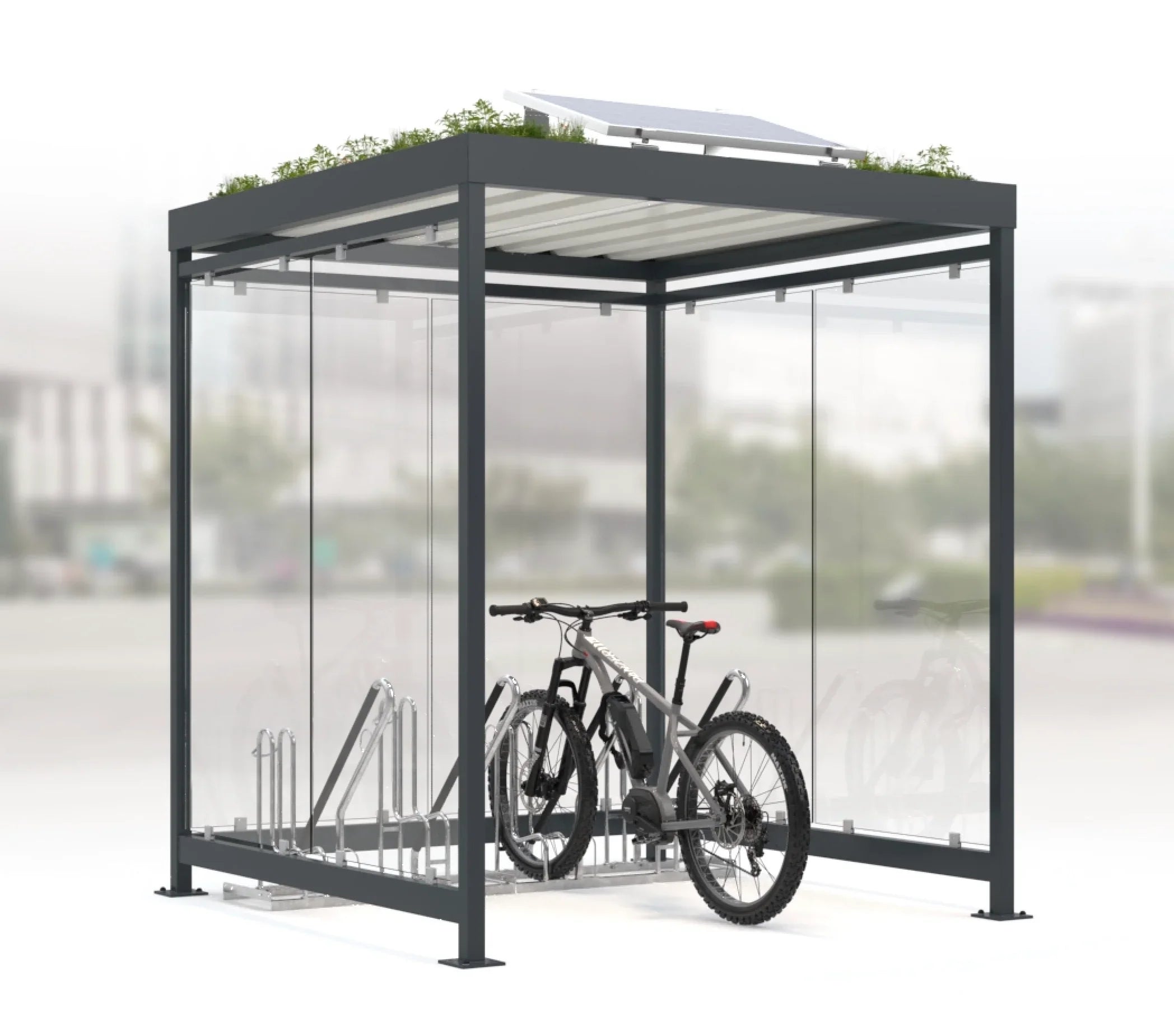 Moderne Fahrradüberdachung aus Glas mit Fahrradständer und Solarpanel auf dem Dach