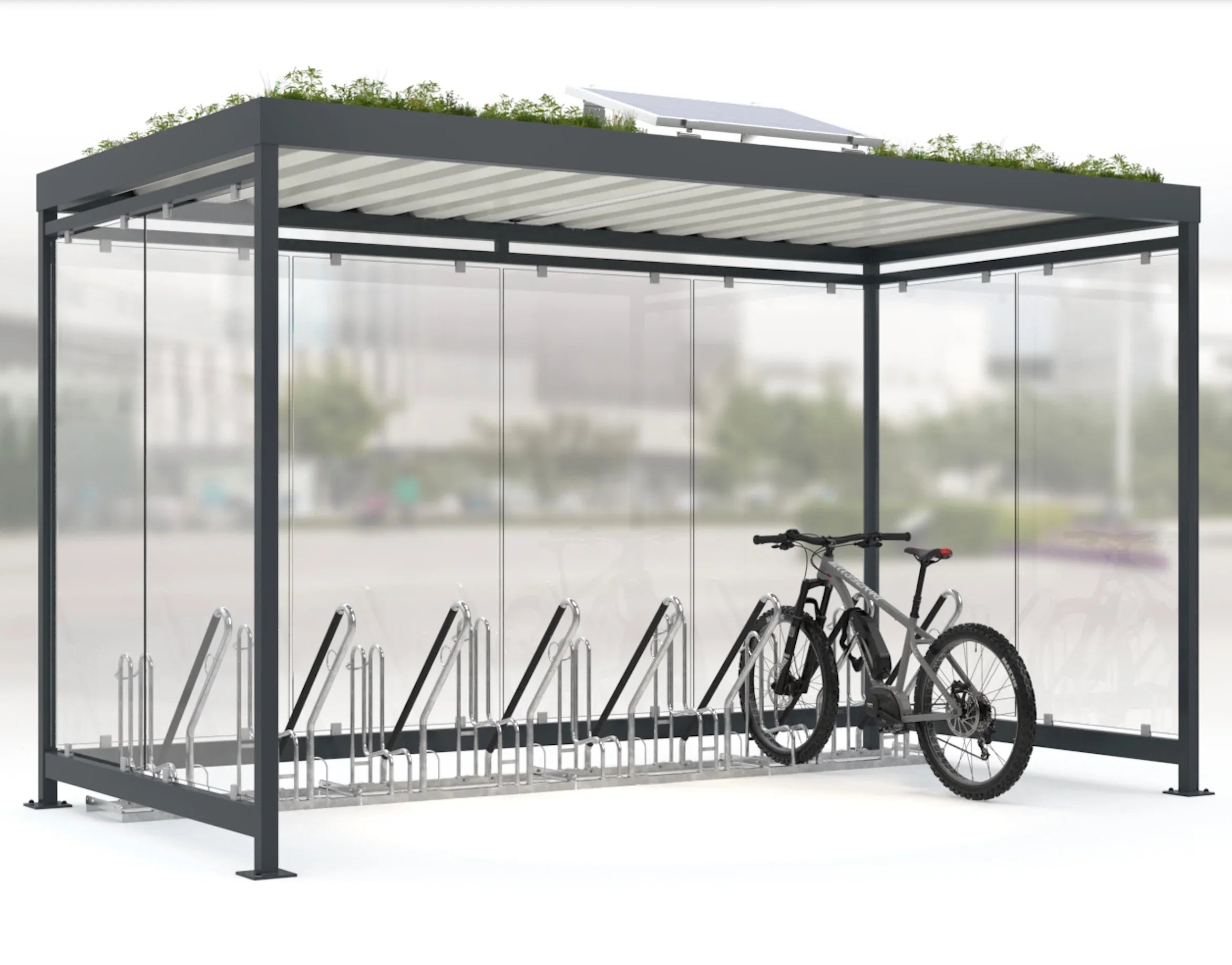 Überdachte Fahrradunterstand mit Glaswänden, integriertem Fahrradständer und Dachbegrünung