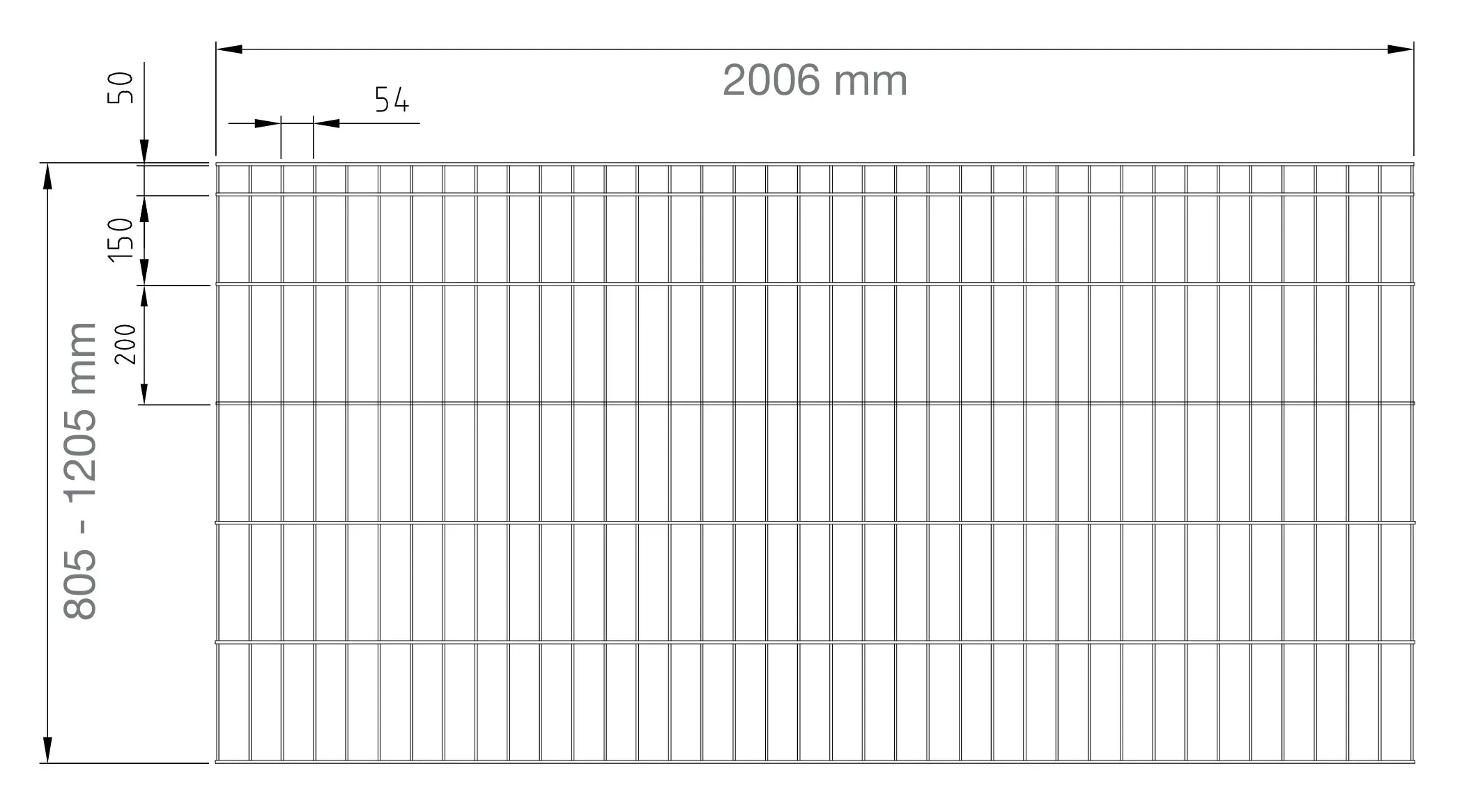 Zeichnung eines Doppelstabmattenzauns 5/4/5 mit Maßangaben, Gitterstruktur, Metallzaun