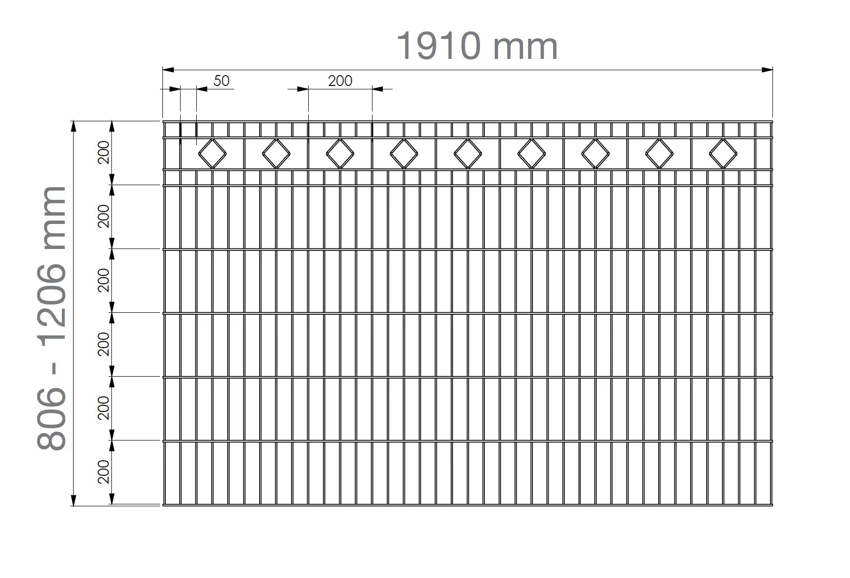Zeichnung Doppelstabmattenzaun Modell MALAGA mit Rautenmuster, Maße 1910x806-1206 mm