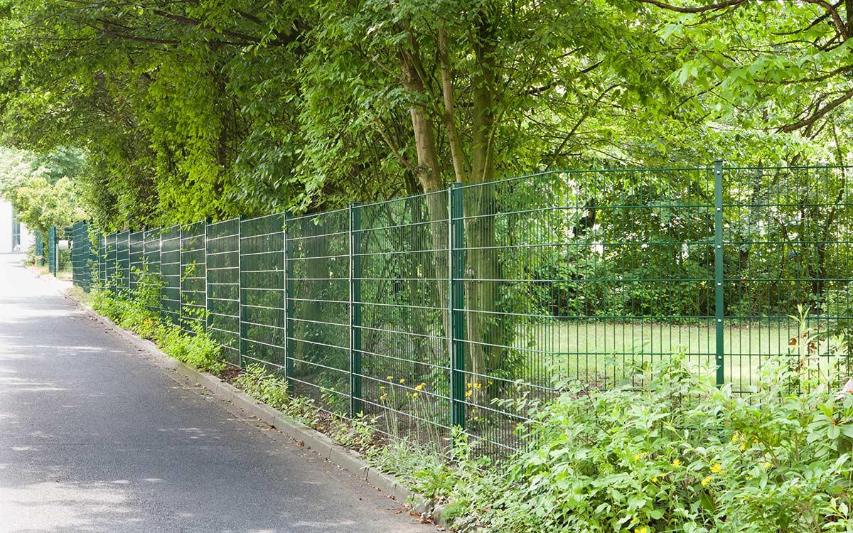 Grüner Doppelstabmattenzaun Modell Moritz an einer Straße, umgeben von Bäumen und Grünflächen