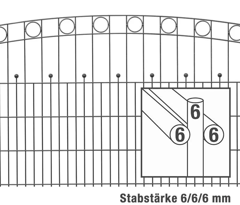 Doppelstabmattenzaun Modell Wien mit Verzierung, Stabstärke 6/6/6 mm, Zaun Detailgrafik