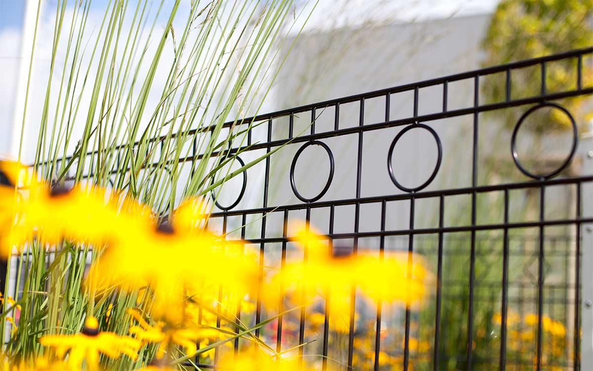 Doppelstabmattenzaun Modell ROM mit Zierkreisen im Garten, gelbe Blumen im Vordergrund