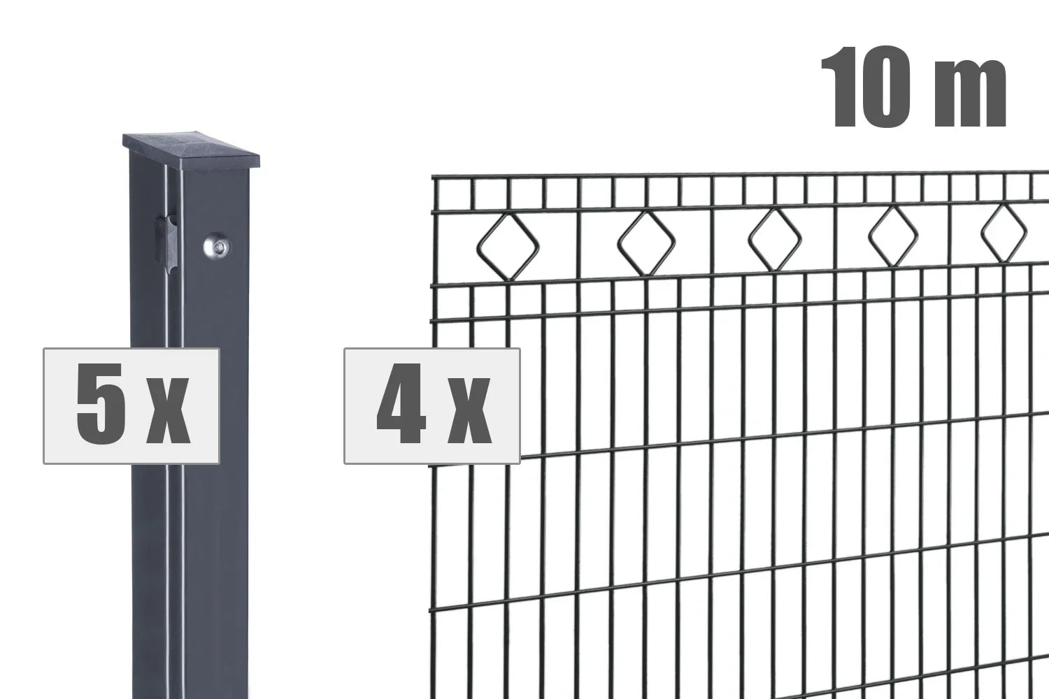 Doppelstabmattenzaun Set grau, 10m Länge, 4 Zaunelemente mit Rautenmuster, 5 Pfosten