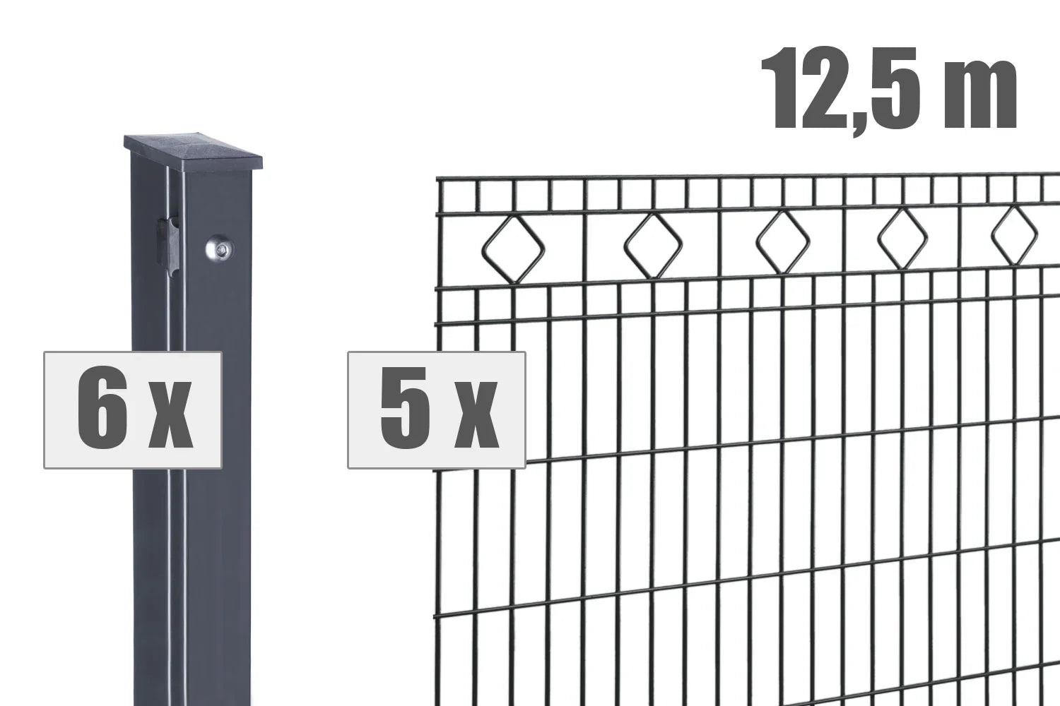 Doppelstabmattenzaun Set mit 5 Zaunelementen, 6 Pfosten, Länge 12,5 m, anthrazit, Zierornament.