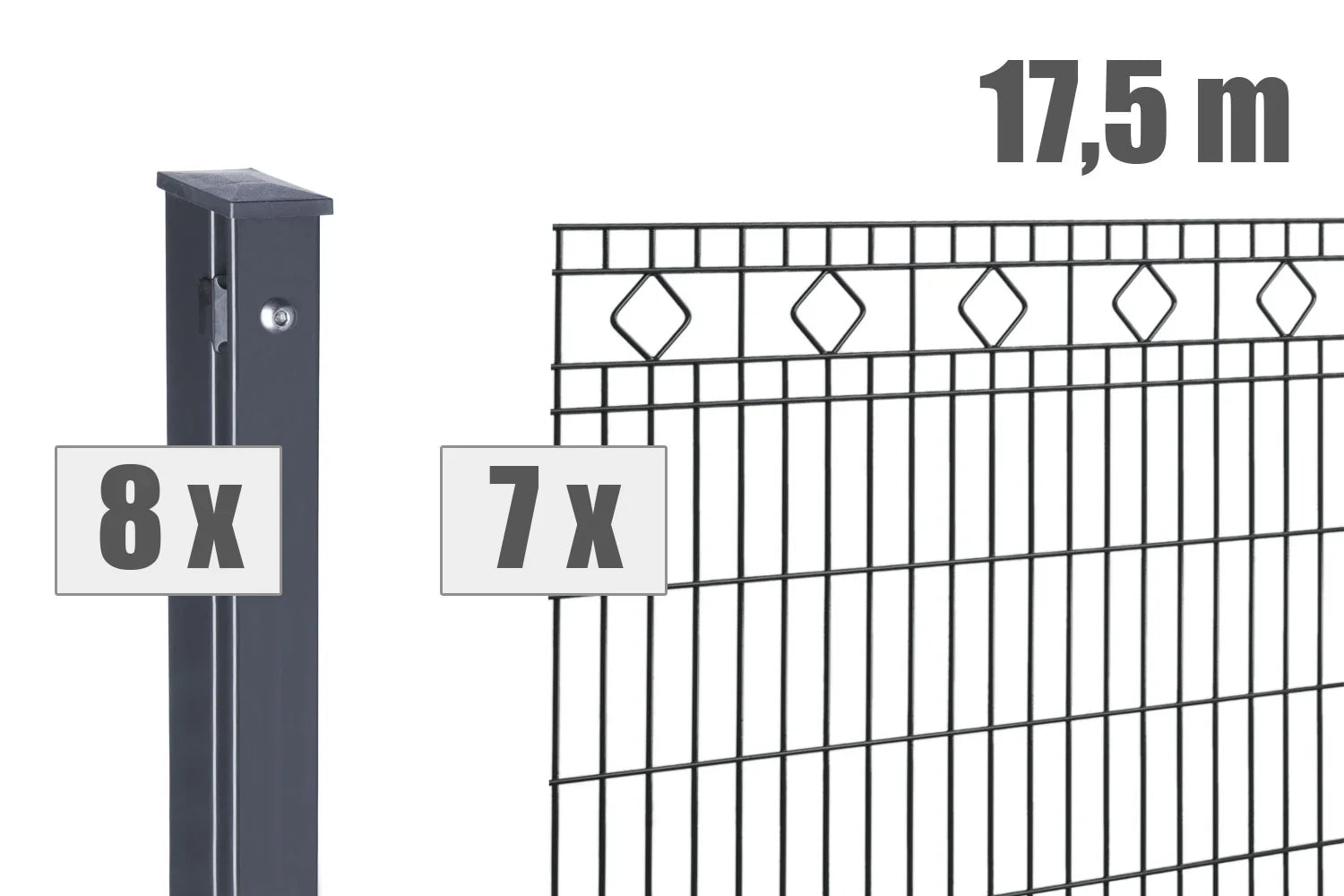 Doppelstabmattenzaun Set mit 7 Zaunelementen, 8 Pfosten, 17,5 m Länge, anthrazit, Ziermuster