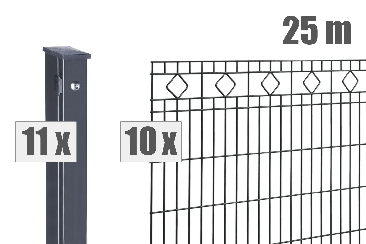 Doppelstabmattenzaun Set 25m anthrazit mit 10 Zaunfeldern und 11 Pfosten, dekorative Rauten