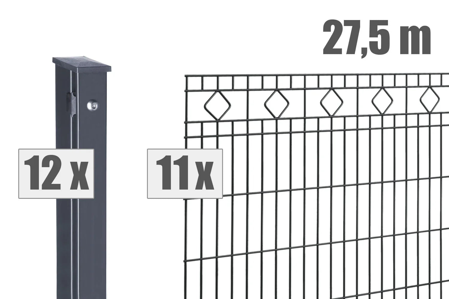 Doppelstabmattenzaun Set mit Pfosten und Matten, 27,5 Meter, anthrazit, mit Rautenmuster