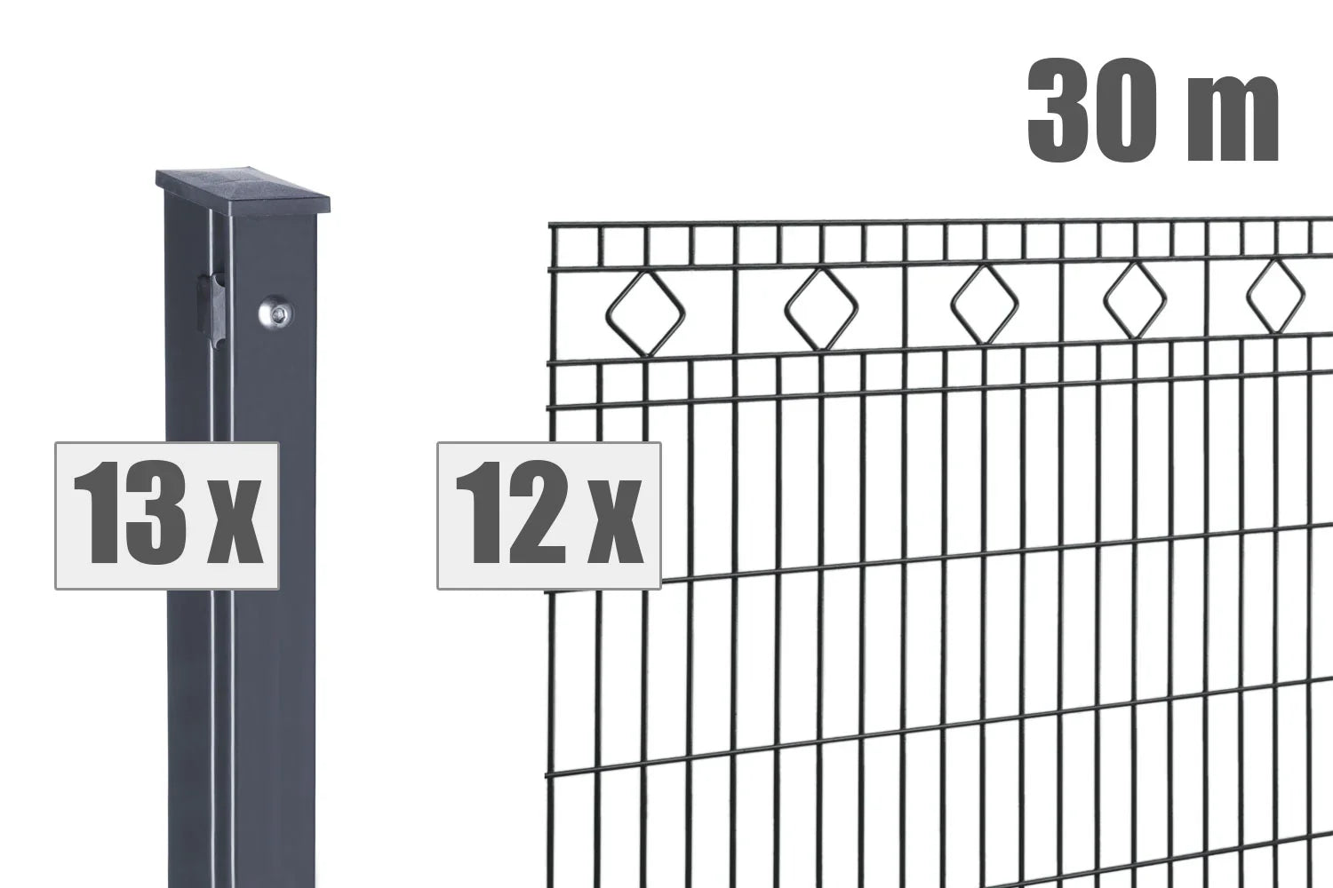 30 Meter Doppelstabmattenzaun Set mit 12 Zaunfeldern und 13 Pfosten, modernes Gittermuster