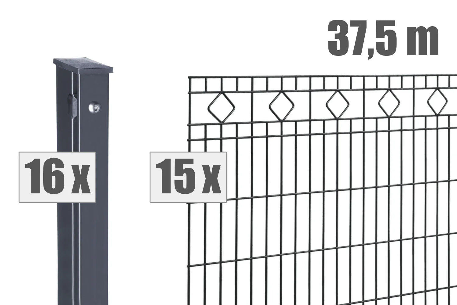 Doppelstabmattenzaun Set mit 16 Pfosten, 15 Zaunelementen, 37,5 Meter, anthrazit, Schmuckzaun