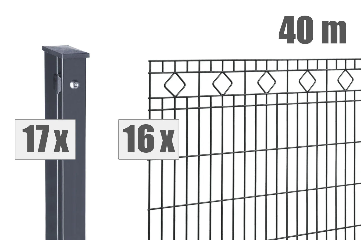 Doppelstabmattenzaun Set 40m, anthrazit, inkl. 17 Pfosten, 16 Zaunfelder mit Rautenmuster