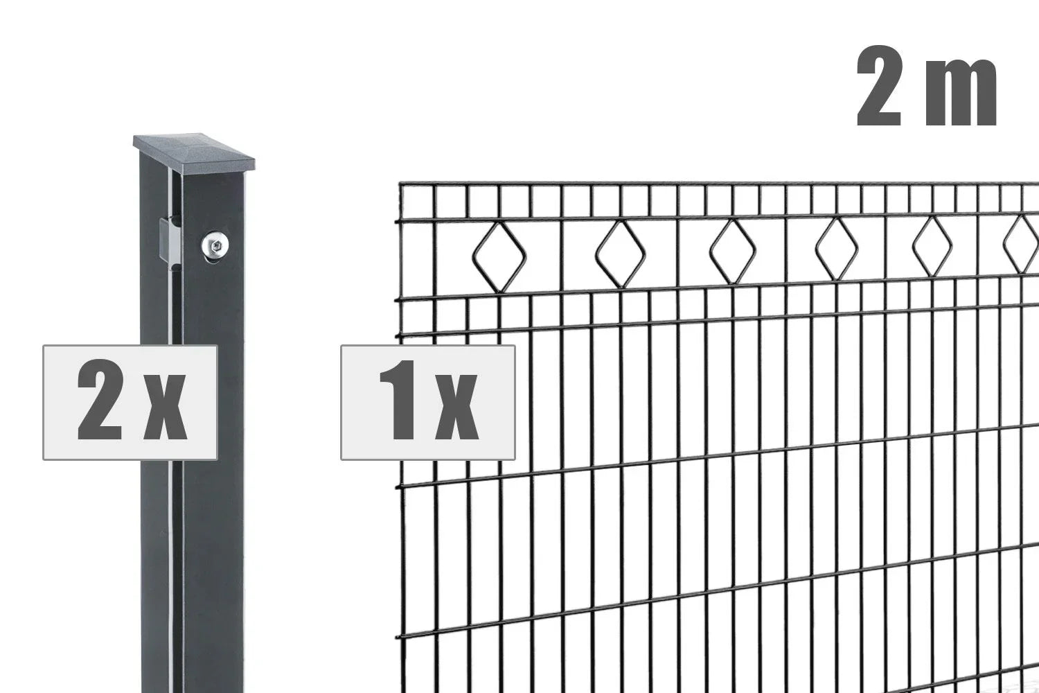 Doppelstabmattenzaun Set mit 2 Pfosten und 2 Meter Zaunelement, Verzierung mit Rauten