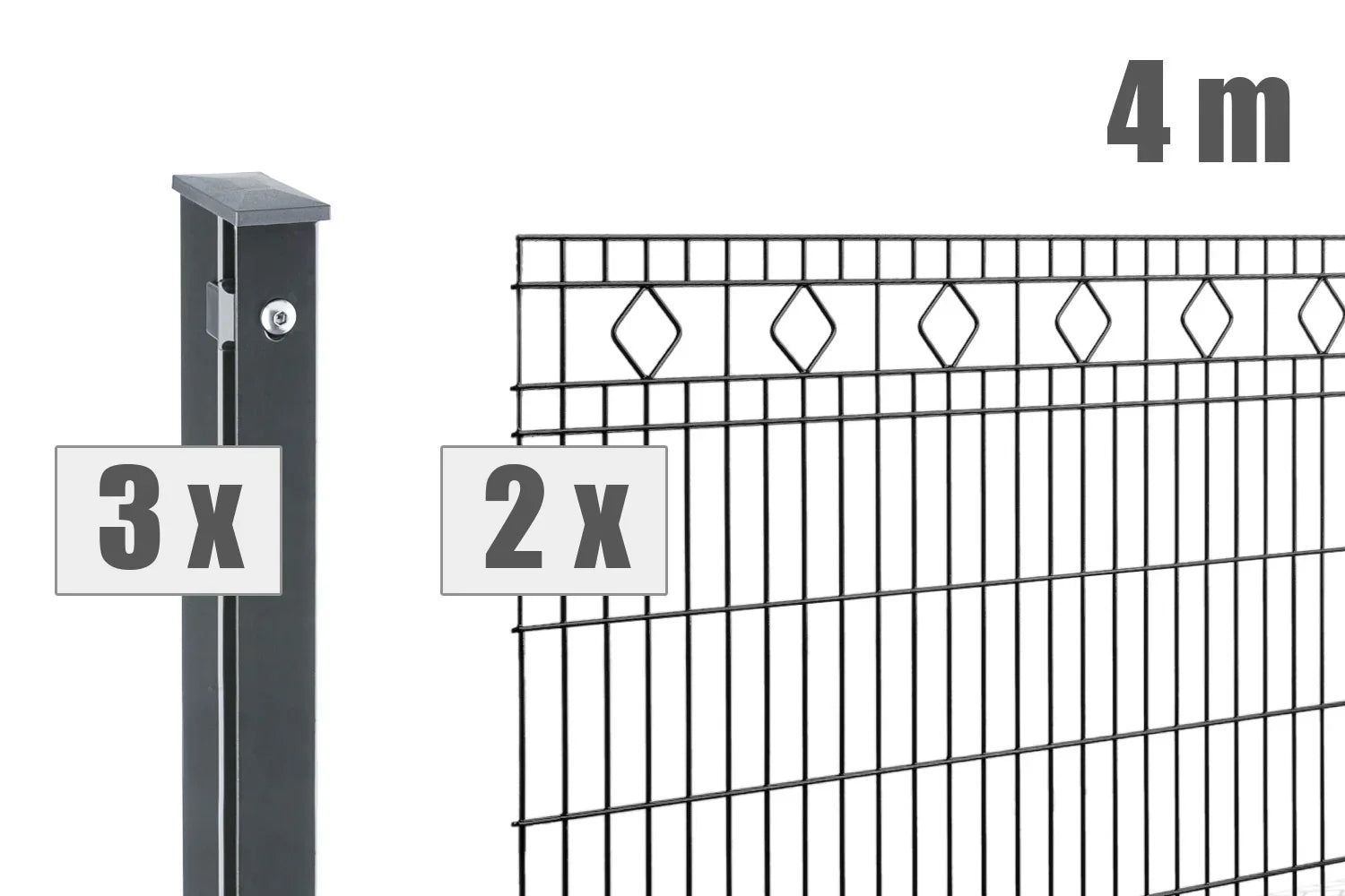 Doppelstabmattenzaun Set 4m, anthrazit, mit Pfosten und dekorativem Rautenmuster