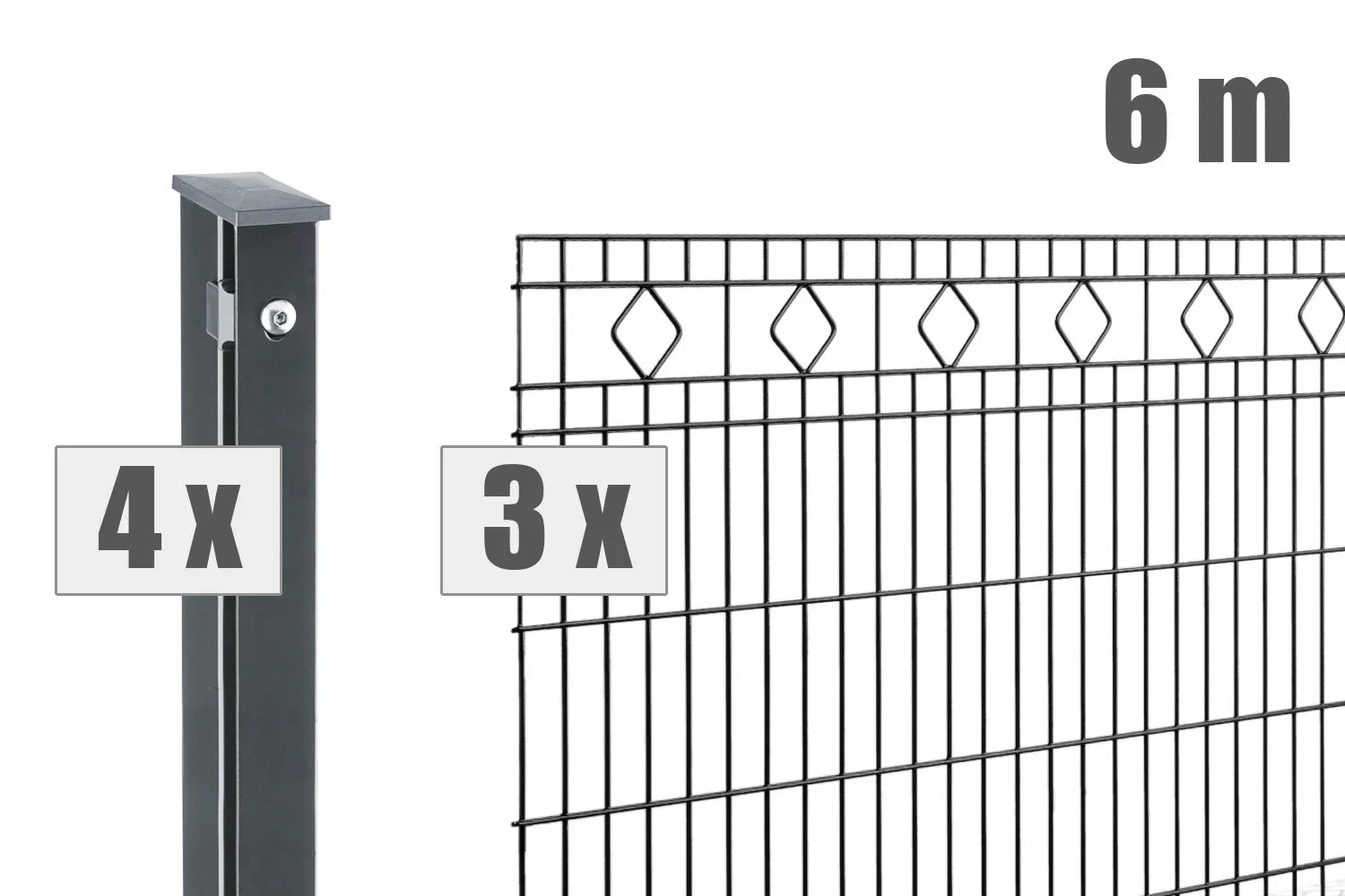 Doppelstabmattenzaun Set mit 3 Zaunelementen, 4 Pfosten, 6 Meter Länge, Rautenmuster.