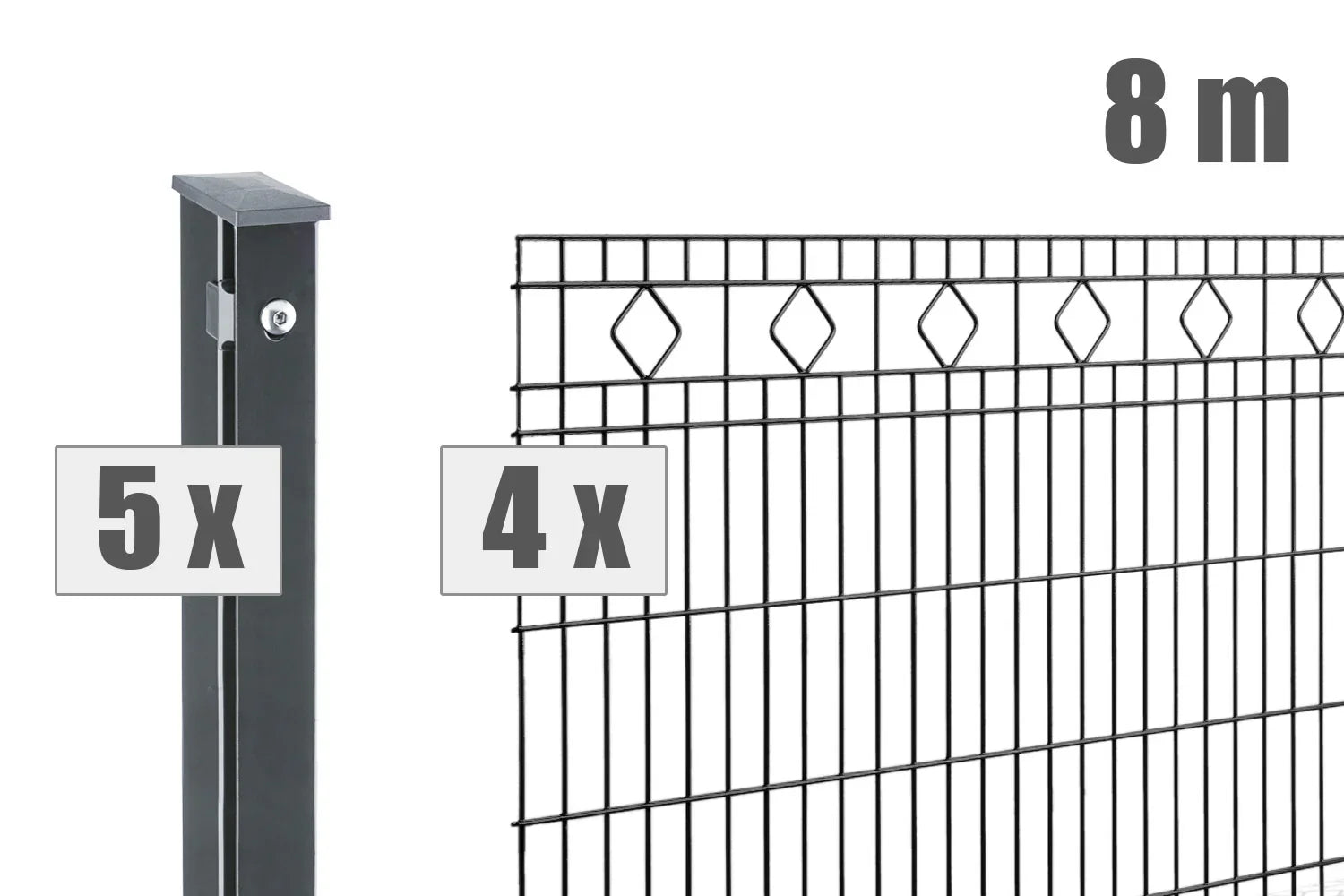 Doppelstabmattenzaun Set Malaga, 8 Meter, mit 5 Pfosten und 4 Matten, anthrazit, dekorative Rauten