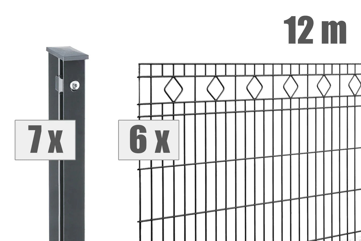Doppelstabmattenzaun Set mit 6 Zaunelementen, 7 Pfosten, 12 Meter, anthrazit, Rautenmuster