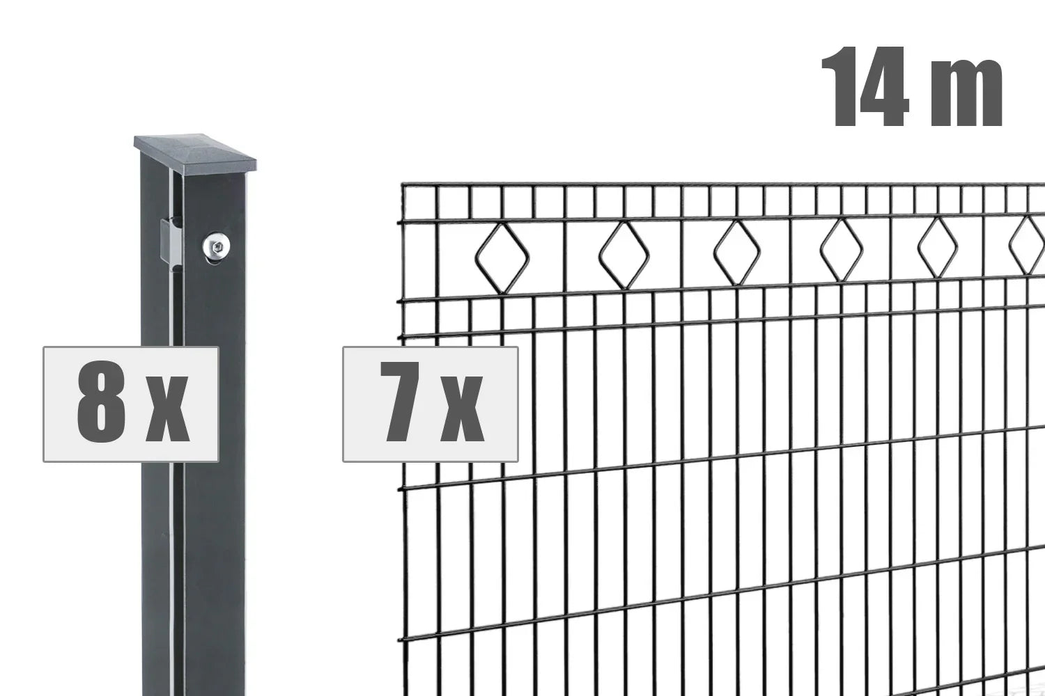 Doppelstabmattenzaun Set 14m, anthrazit, mit 8 Pfosten und 7 Gittern, Rautenmuster oben.