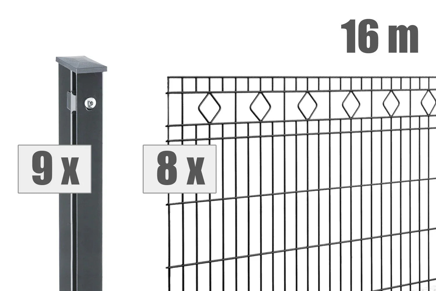 Doppelstabmattenzaun Set 16m anthrazit, mit 8 Zaunfeldern und 9 Pfosten, Ziermuster oben