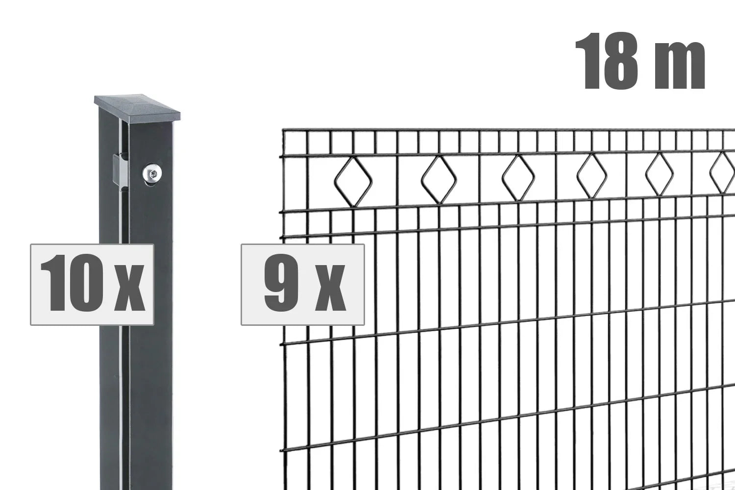 Doppelstabmattenzaun Set 18m mit 10 Zaunpfosten und 9 Matten, Metall, dekorative Rauten, anthrazit