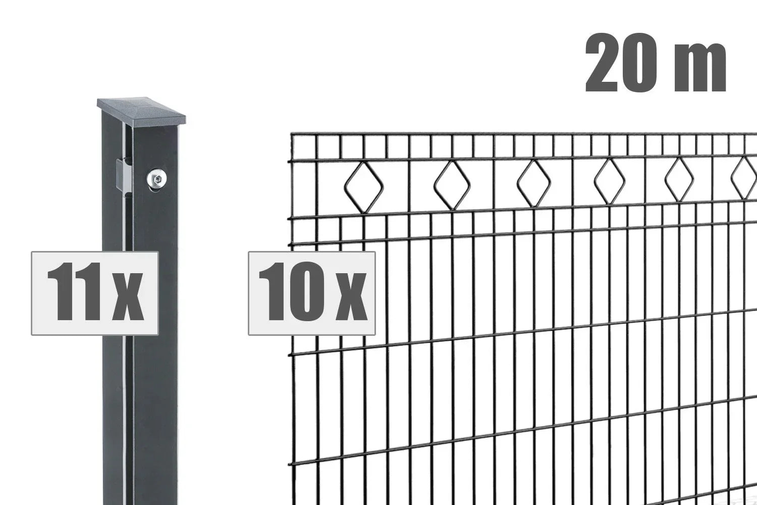 Doppelstabmattenzaun Set 20m, anthrazit, mit Pfosten und Ziermatten, für Gartenzaun