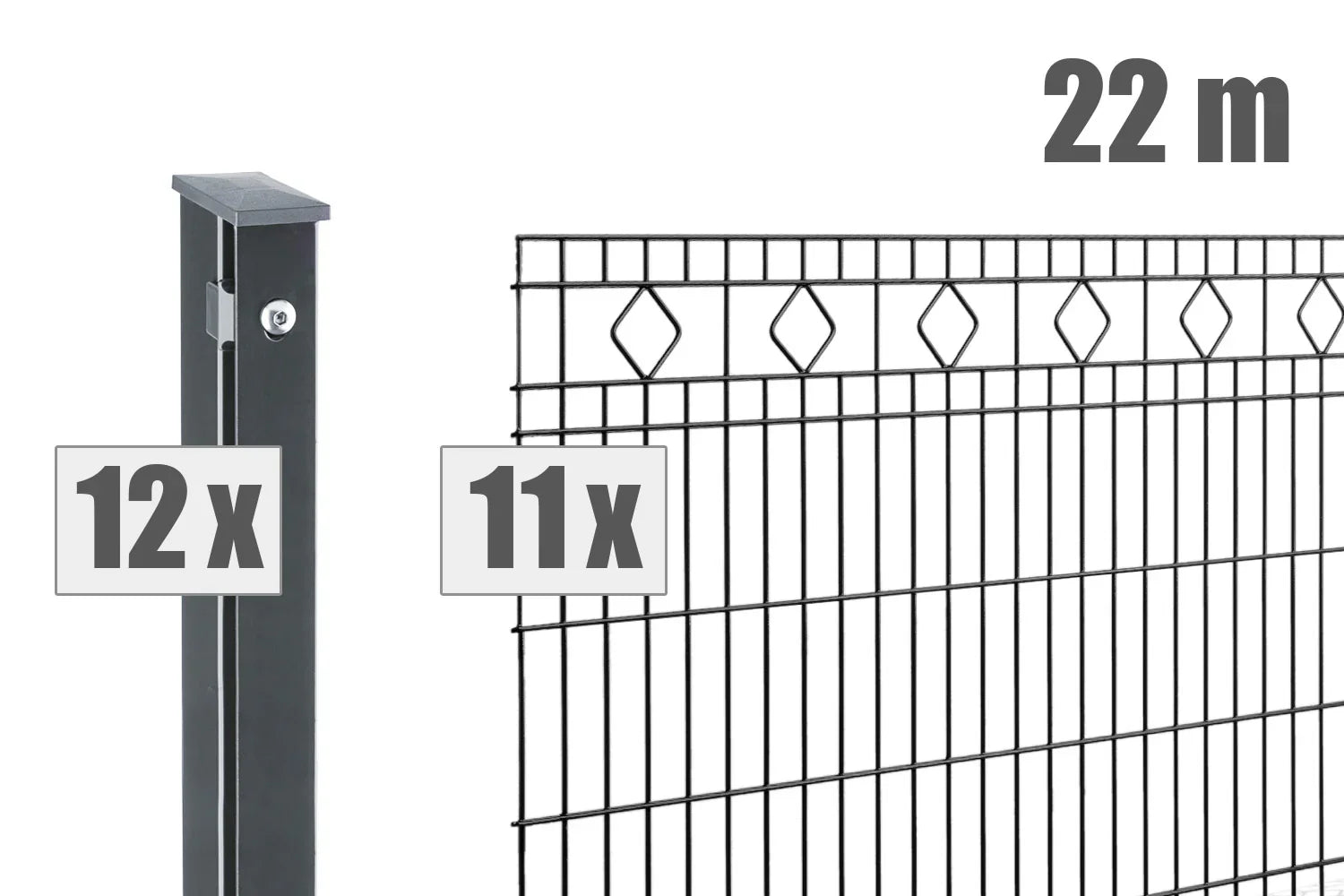 Doppelstabmattenzaun Set 22m, anthrazit, mit 11 Zaunelementen und 12 Pfosten, Ziermuster oben