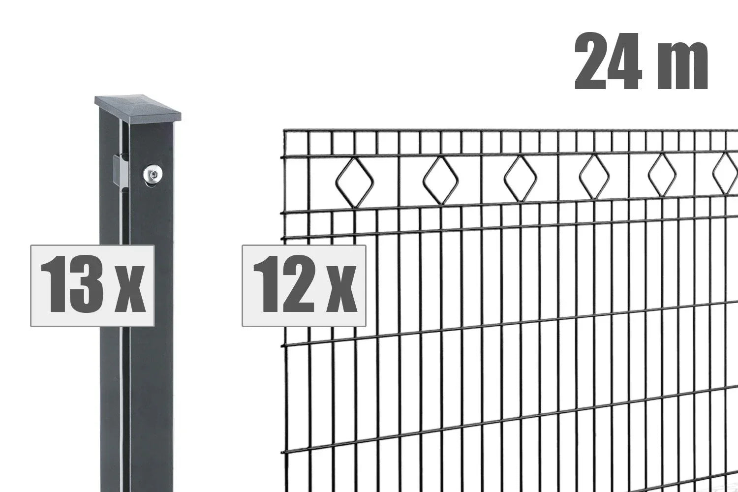 Doppelstabmattenzaun Malaga Set, 24m Länge, mit 12 Zaunelementen und 13 Pfosten, anthrazit