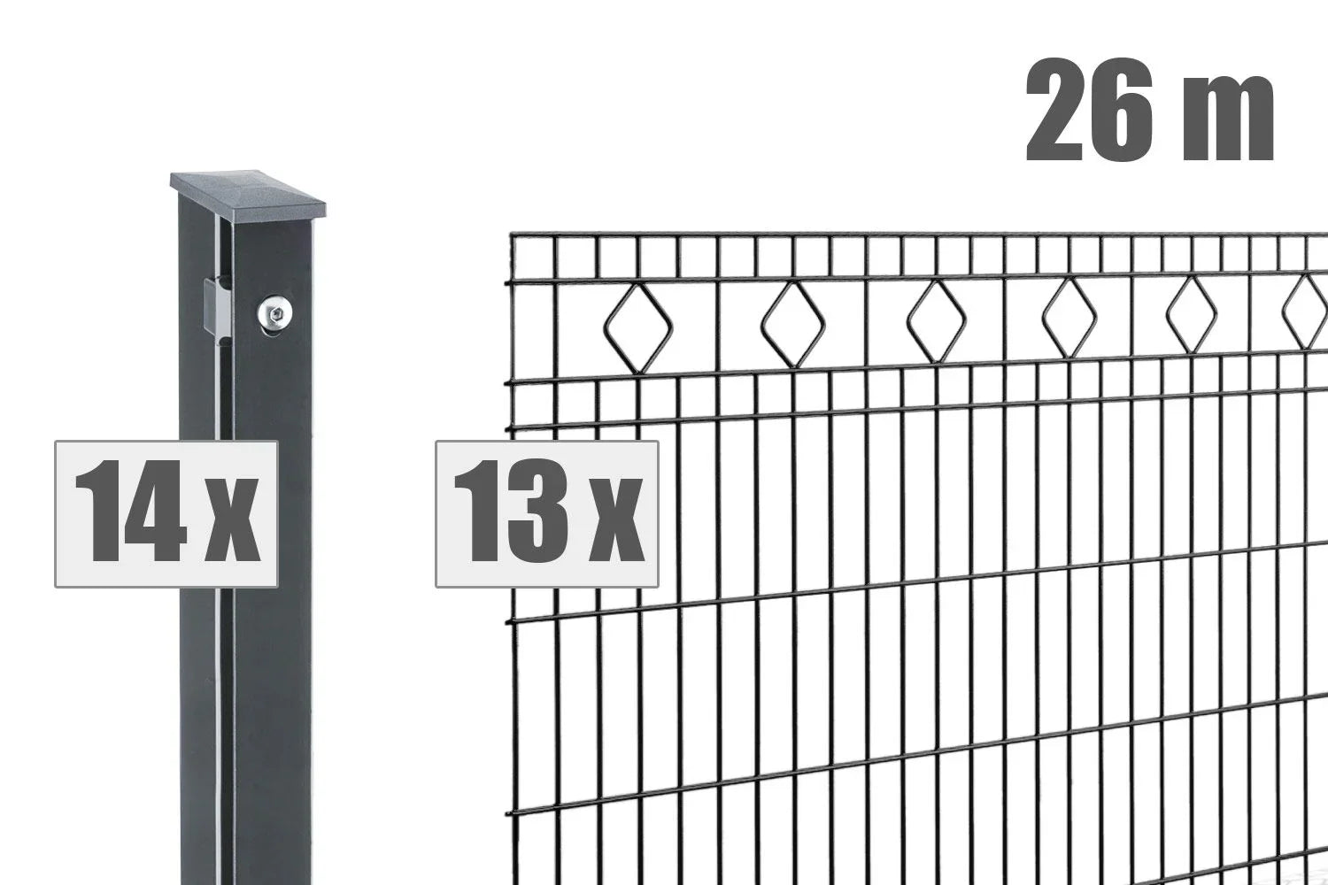Doppelstabmattenzaun Set 26m anthrazit mit 14 Pfosten und 13 Zaunfeldern, Rautenmuster oben