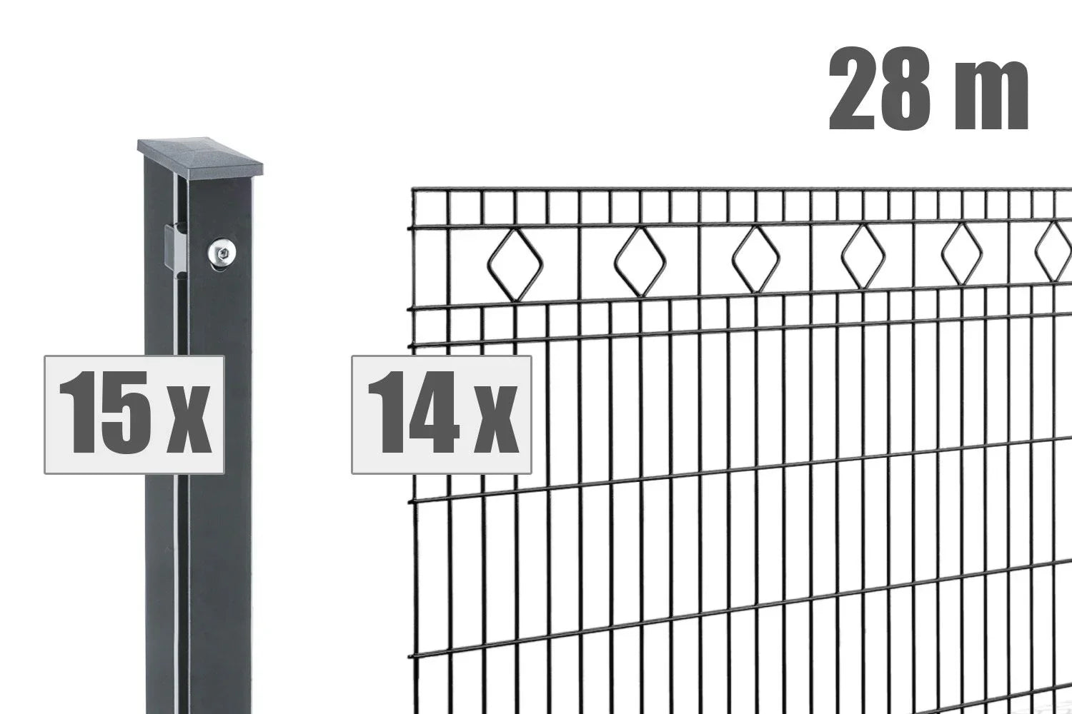Doppelstabmattenzaun-Set 28m lang mit 14 Zaunelementen und 15 Pfosten, dekorative Rauten, anthrazit.