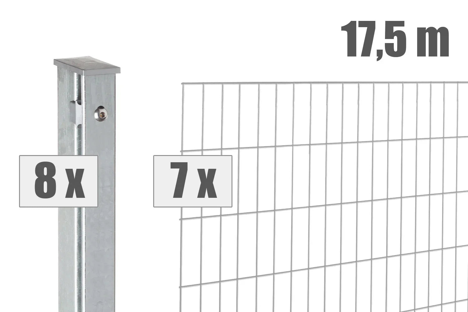 Doppelstabmattenzaun Set mit 8 Pfosten, 7 Zaunelementen, 17,5 Meter Länge, verzinkt, für Garten