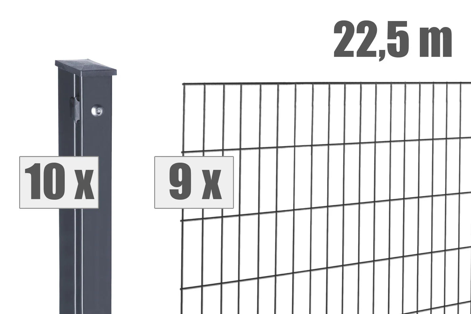 Doppelstabmattenzaun Set anthrazit mit 9 Zaunfeldern, 10 Pfosten, 22,5 Meter Länge