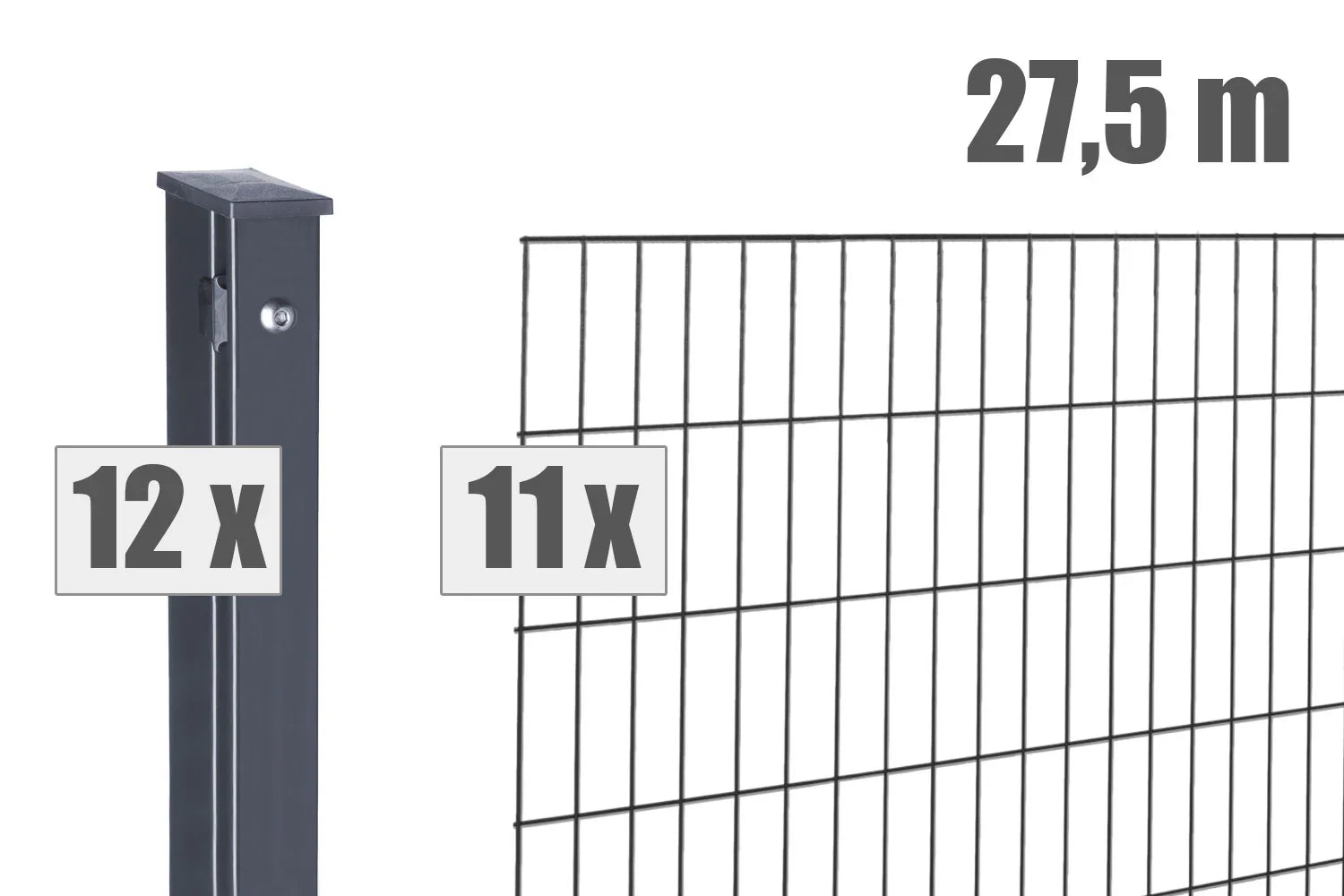 Doppelstabmattenzaun Set anthrazit, 27,5 m Länge, 12 Pfosten, 11 Zaunfelder, Metallzaun Paket