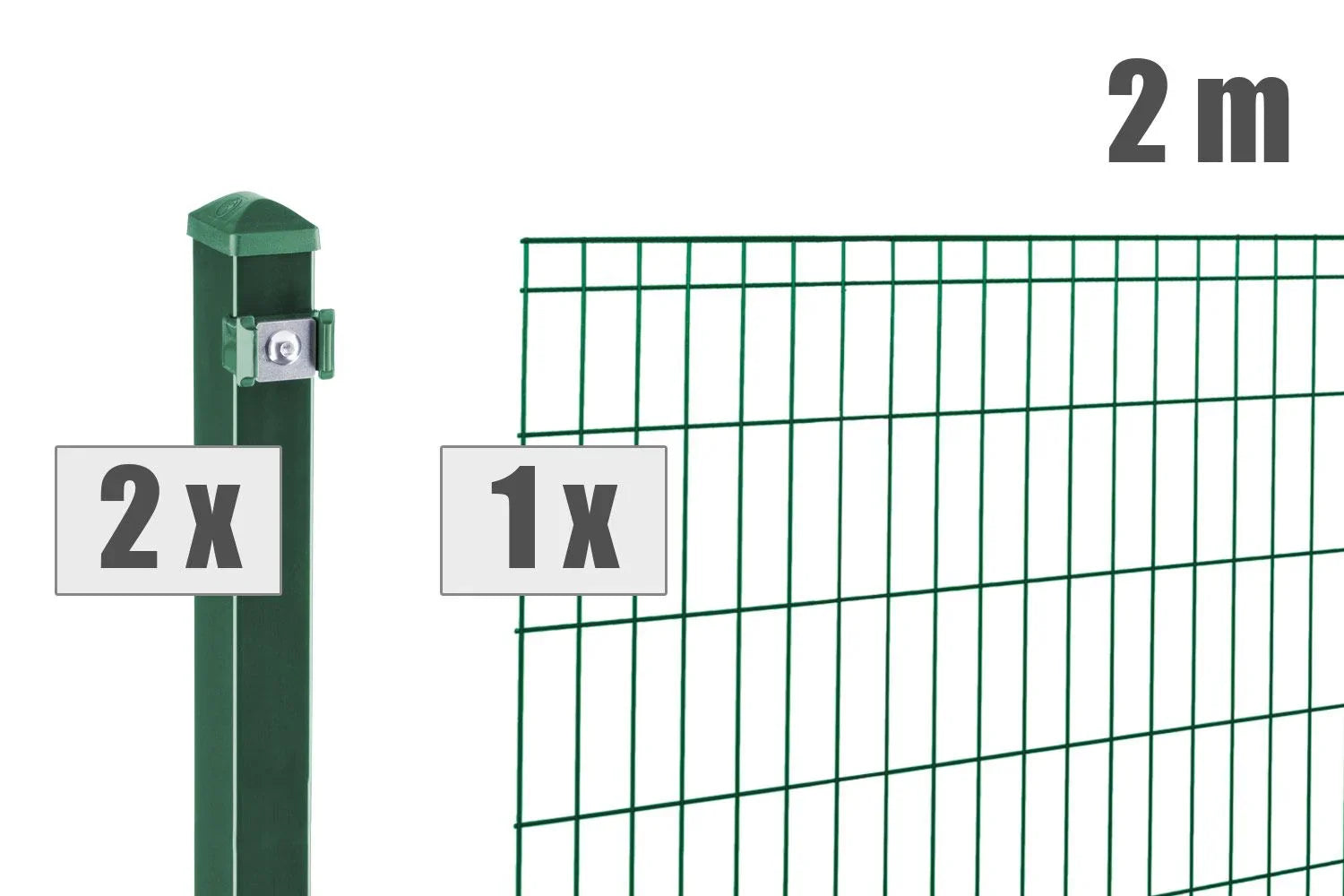 Grüner Doppelstabmattenzaun mit zwei Pfosten, 2 Meter breit, Gartenzaun Set