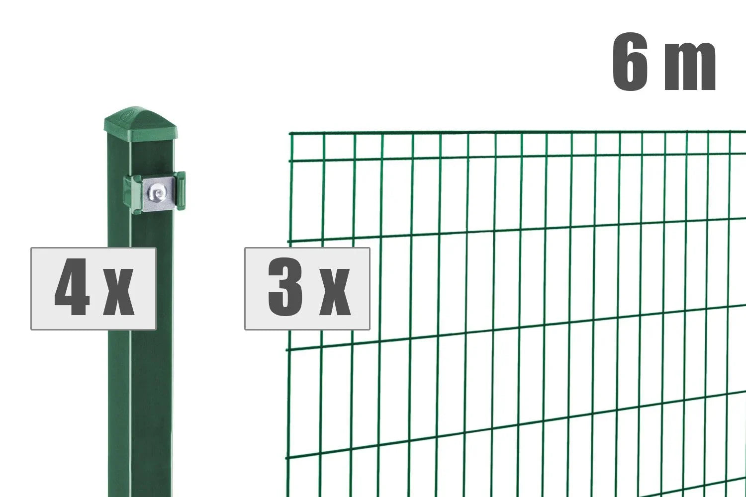 Doppelstabmattenzaun Set grün, 6 Meter, mit 4 Pfosten und 3 Zaunfeldern für Garten oder Grundstück.