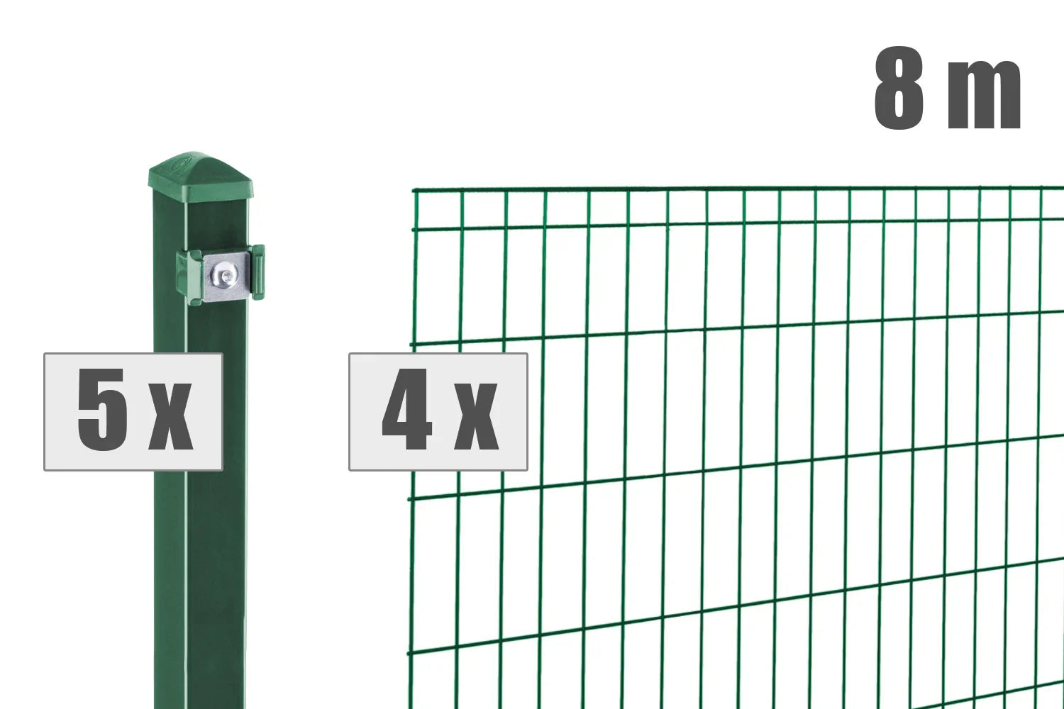 Doppelstabmattenzaun Set grün, 8 Meter, mit 5 Pfosten und 4 Zaunmatten für Gartenzaun.