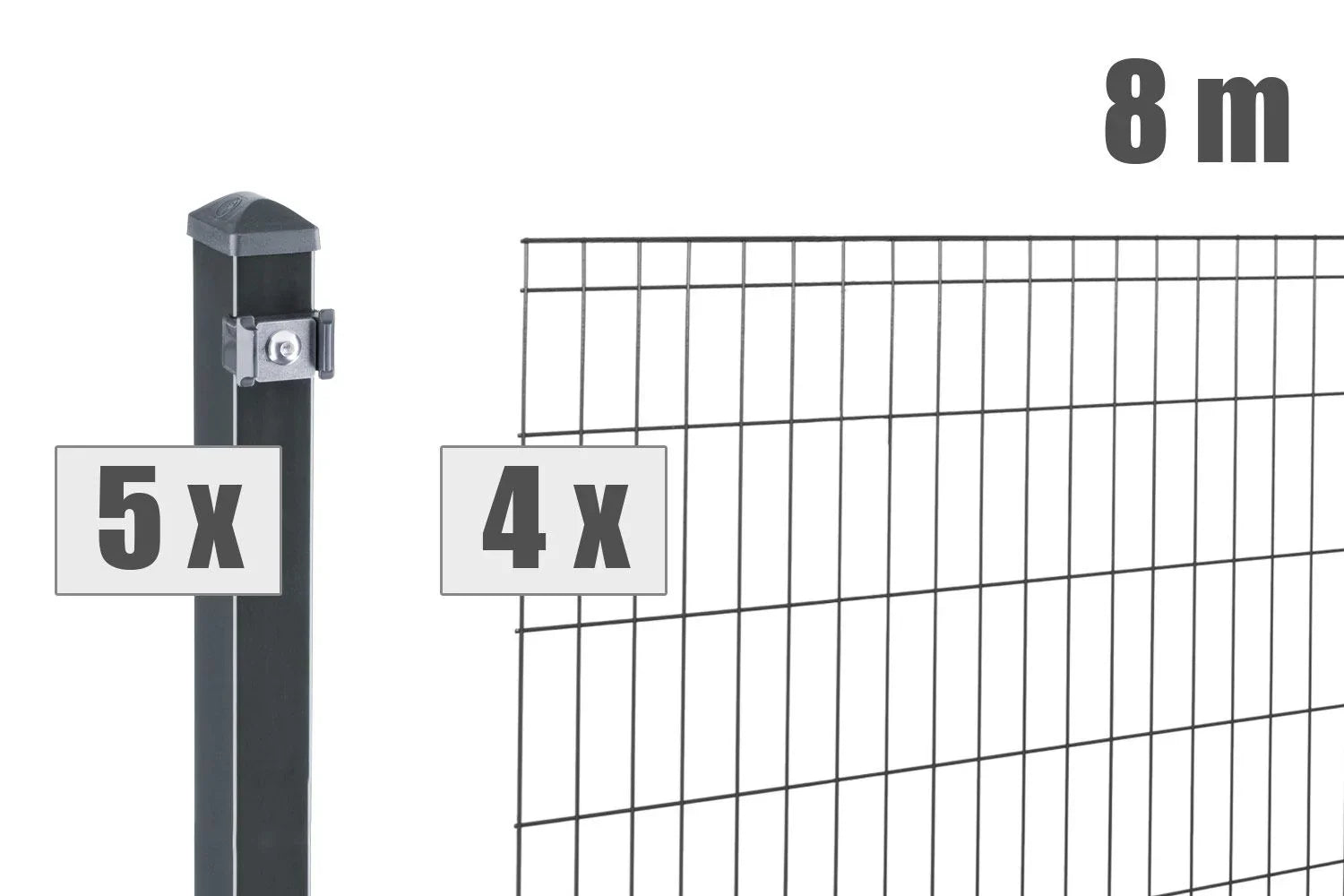 Set aus 5 Zaunpfosten und 4 Doppelstabmatten für 8 Meter Metallzaun